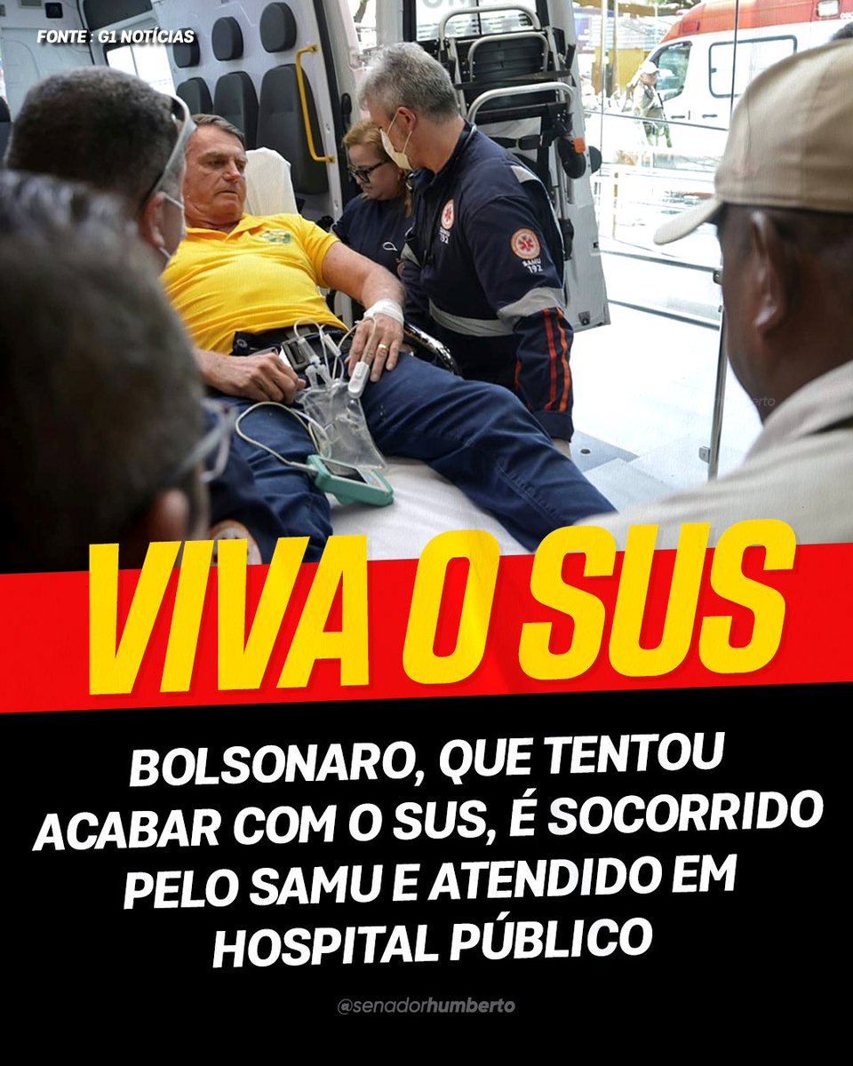 Humberto Costa (@senadorhumberto) on Twitter photo O SUS cuida de todos os brasileiros, sem discriminação. Bolsonaro está no RN e passou mal. Foi socorrido por um serviço que ele tentou sucatear: o Samu. O trasladado para Natal foi feito por um helicóptero, da Secretaria de Segurança do RN, estado governado pelo PT. Viva o SUS! O SUS cuida de todos os brasileiros, sem discriminação. Bolsonaro está no RN e passou mal. Foi socorrido por um serviço que ele tentou sucatear: o Samu. O trasladado para Natal foi feito por um helicóptero, da Secretaria de Segurança do RN, estado governado pelo PT. Viva o SUS!
