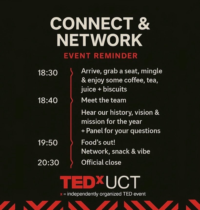 TEDxUCT2025's tweet photo. It’s almost time!⏰
Join us for TEDxUCT’s Connect and Network event this Tuesday, April 15.
Come meet the team, hear our vision &amp; enjoy food, conversation and connection.
#TEDxUCT #ConnectAndNetwork #IdeasWorthSpreading https://t.co/ZewS9P881i
