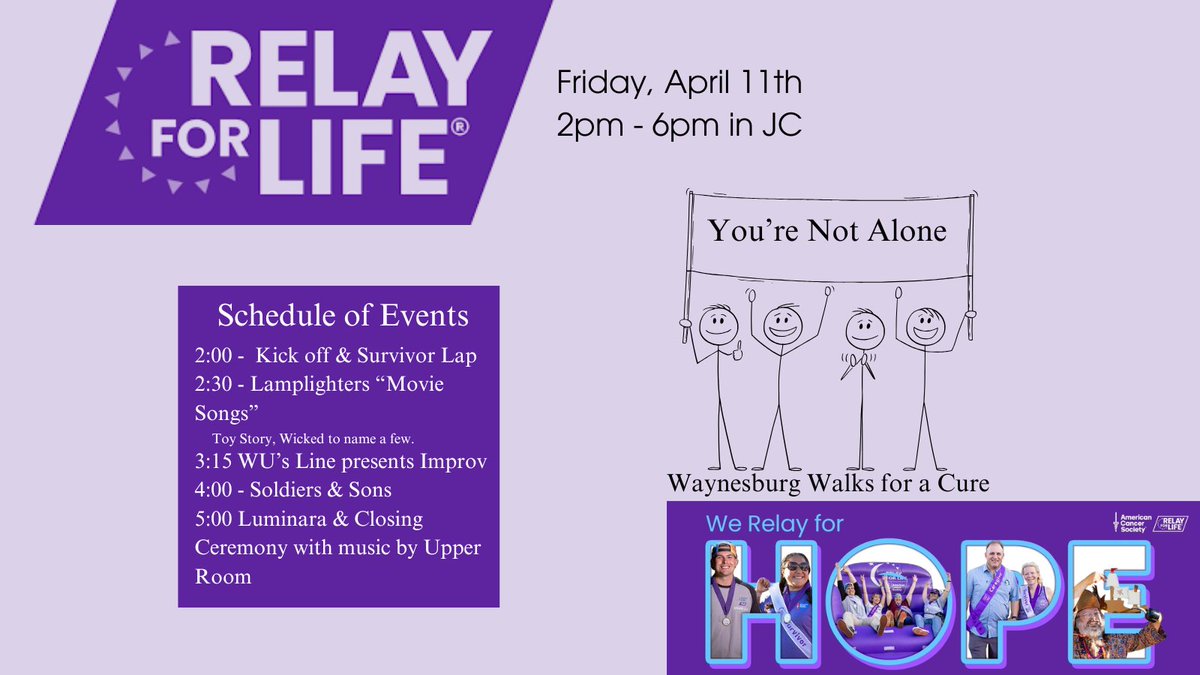 WU_SAB's tweet photo. Relay For Life is today from 2PM-6PM in JC. There will be different activities and booths set up by clubs and organizations! See you all there! https://t.co/dZO8wGbYlT
