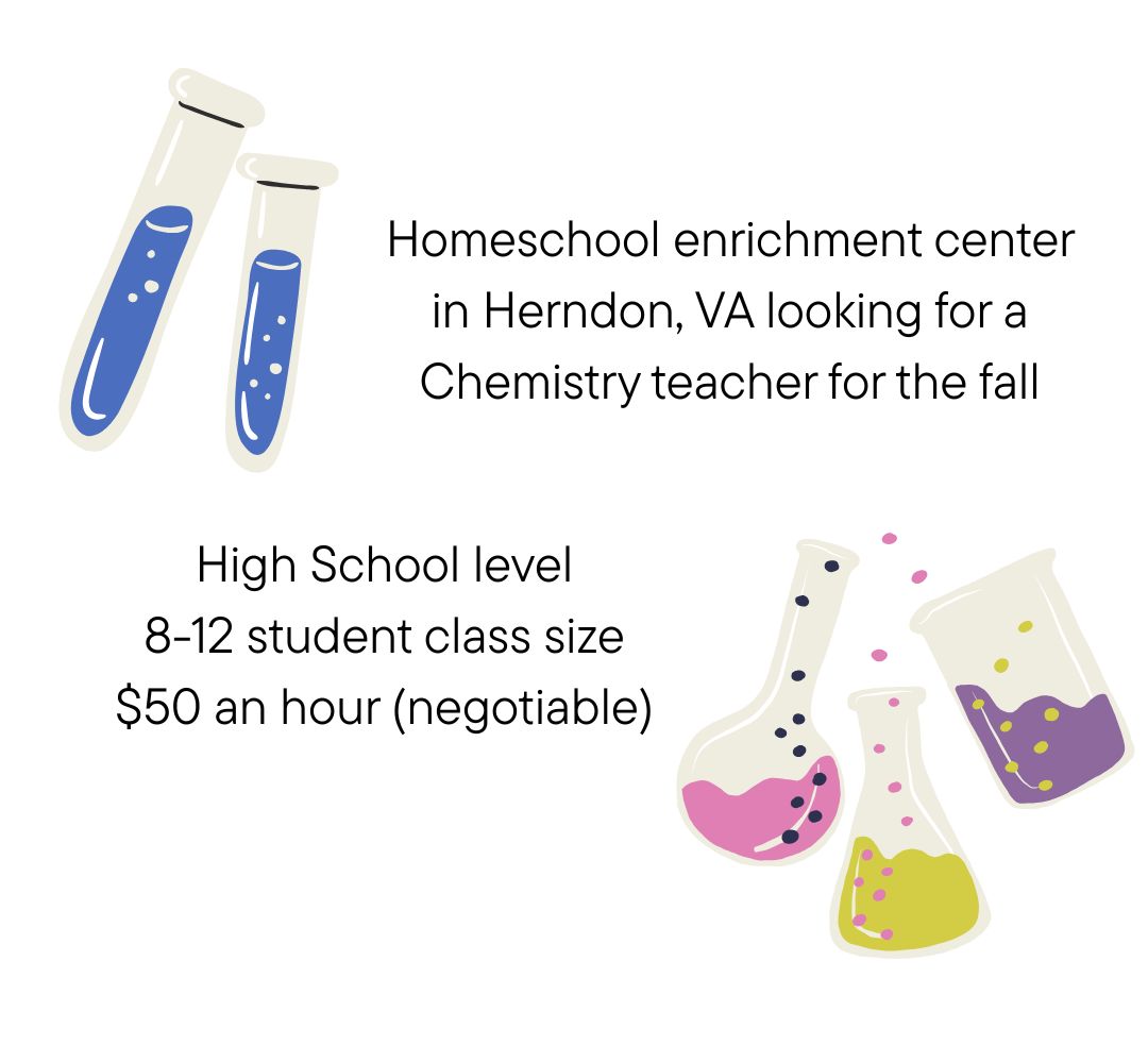 A homeschool enrichment program in Herndon, VA is looking to hire a Chemistry teacher for the fall! If interested, contact megan@compassclasses.com