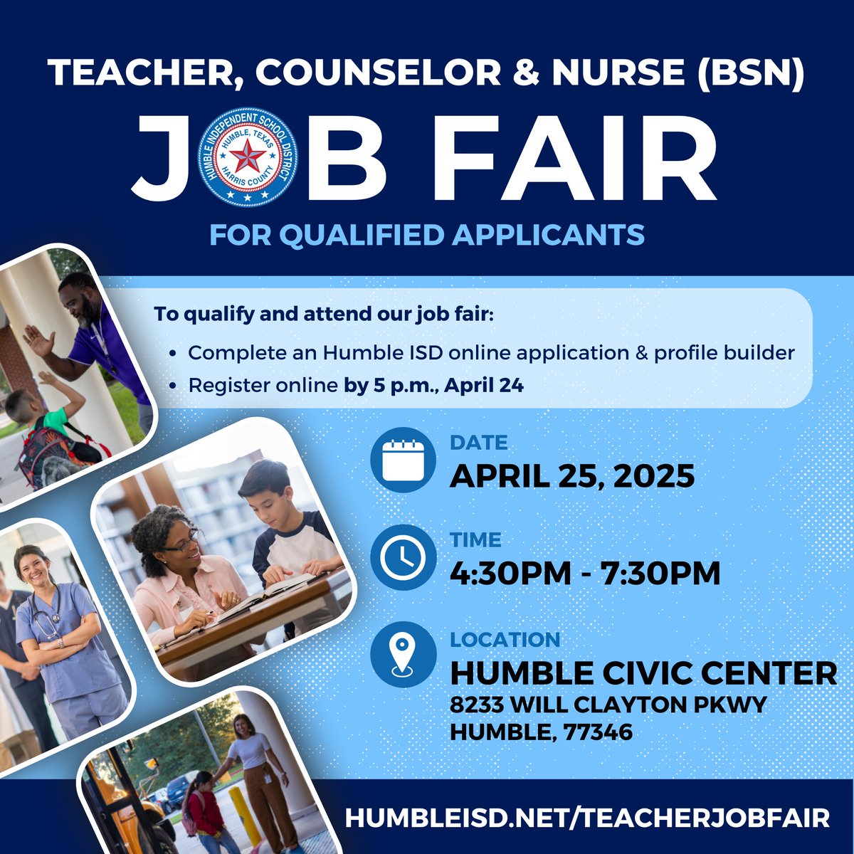 🌟Join the Humble ISD Family! 🌟 
A Job Fair for teachers, counselors, and nurses will be held from   to  p.m. on Friday, April 25, at the Humble Civic Center.

Current Humble ISD staff who are on the transfer list are eligible to attend, along with current Humble ISD student