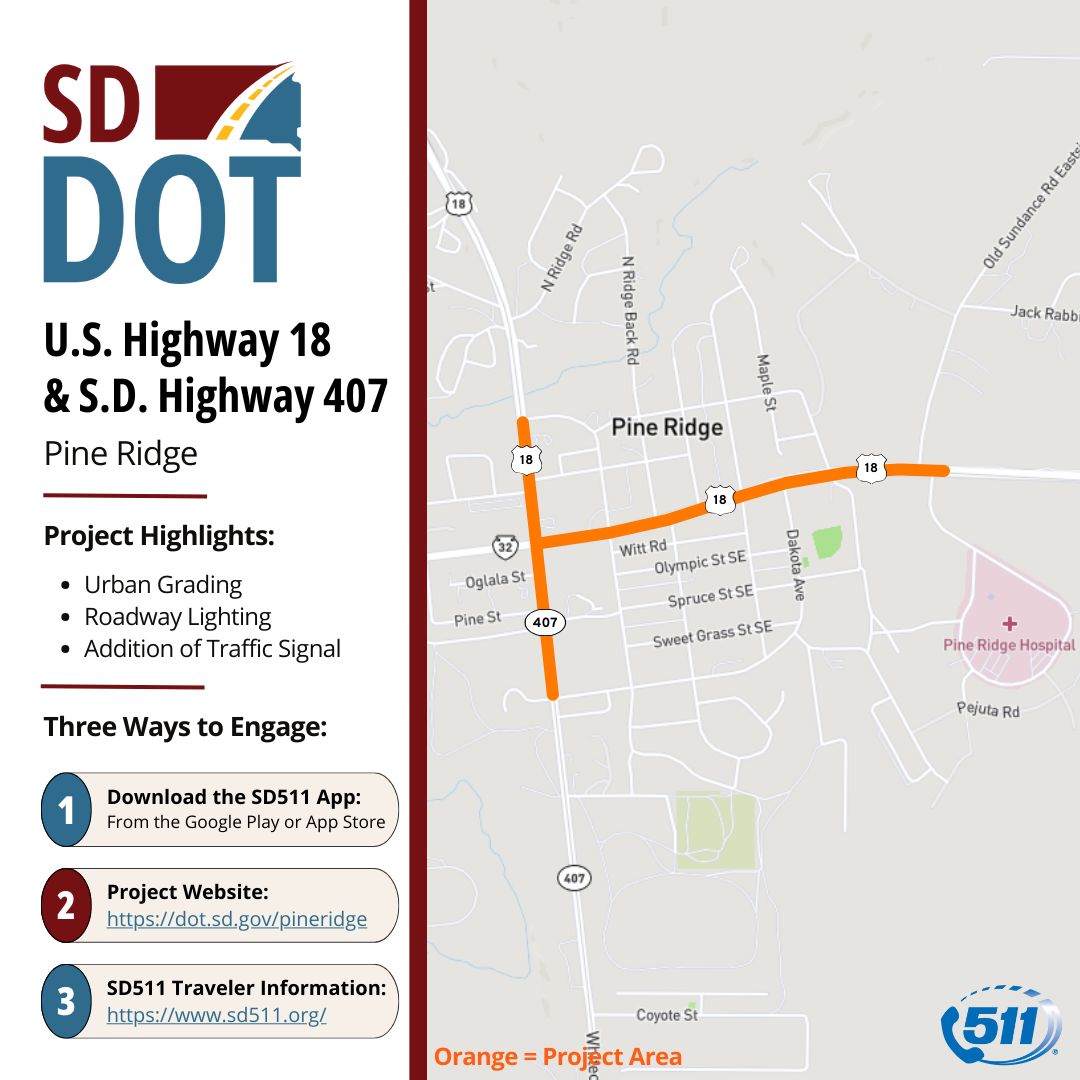 SouthDakotaDOT's tweet photo. The reconstruction project is underway on U.S. Highway 18 and S.D. Highway 407 in Pine Ridge. Project work will consist of urban grading, curb and gutter, storm sewer, roadway lighting, asphalt and concrete paving, ADA upgrades, and traffic signals. 

 https://t.co/jXd3k58EsX https://t.co/fwciu5wE8D