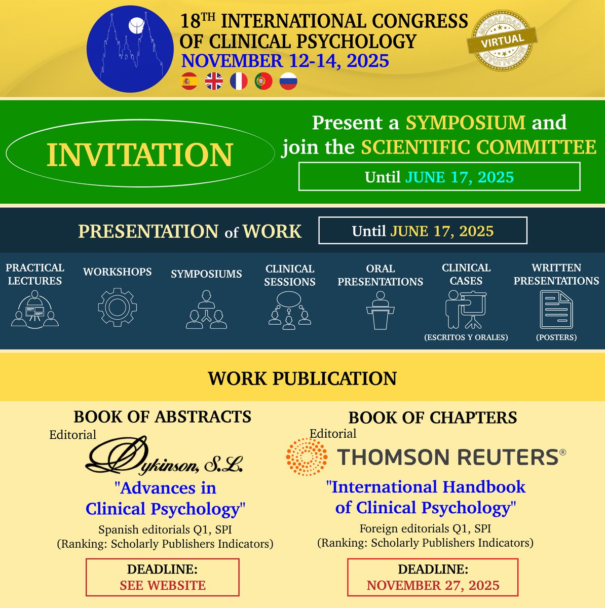 AEPCPsychology's tweet photo. 𝐈𝐍𝐕𝐈𝐓𝐀𝐓𝐈𝐎𝐍
Present a SYMPOSIUM and join the SCIENTIFIC COMMITTEE until JUNE 17

PRESENTATION of WORK until JUNE 17
https://t.co/Vc7tYmQ0kr

PUBLICATION of WORK
Book of Abstracts: https://t.co/mqQdbKqs1l
Book of Chapters: https://t.co/KtKI95OsYz https://t.co/0IJorxQIsz