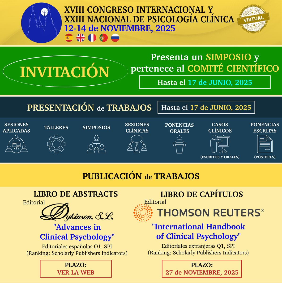AEPCPsychology's tweet photo. 𝐈𝐍𝐕𝐈𝐓𝐀𝐓𝐈𝐎𝐍
Present a SYMPOSIUM and join the SCIENTIFIC COMMITTEE until JUNE 17

PRESENTATION of WORK until JUNE 17
https://t.co/Vc7tYmQ0kr

PUBLICATION of WORK
Book of Abstracts: https://t.co/mqQdbKqs1l
Book of Chapters: https://t.co/KtKI95OsYz https://t.co/0IJorxQIsz