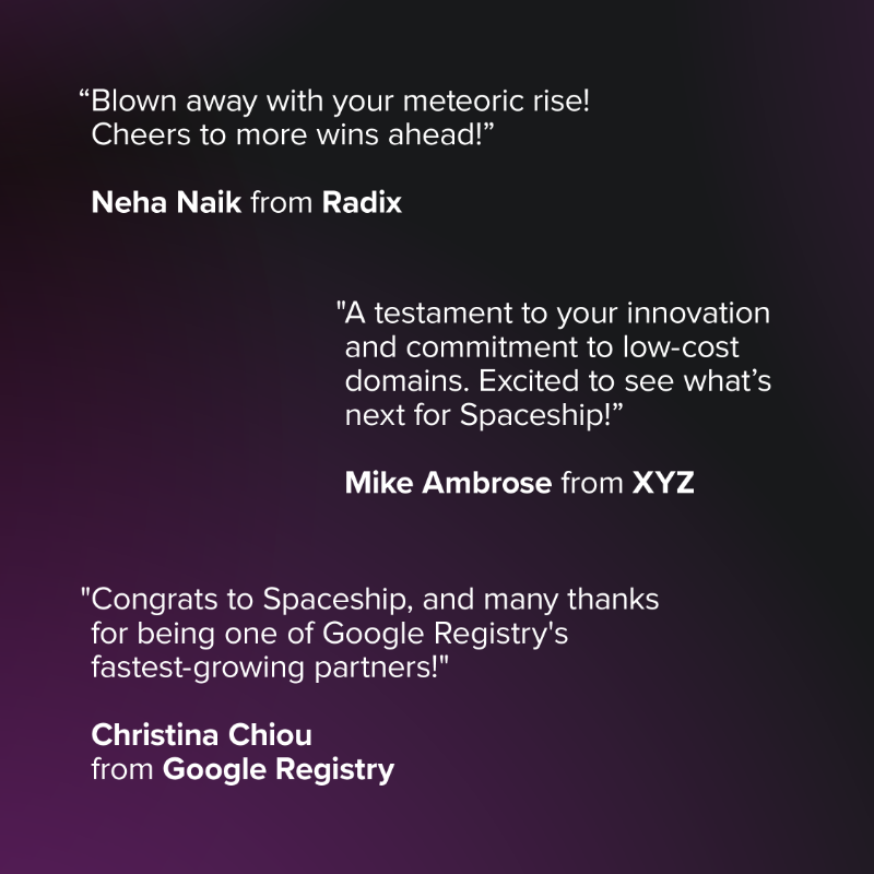spaceship's tweet photo. In less than 2 years, we’ve made it to the Top 8 domain registrars for new gTLDs! A big thank YOU for being part of our journey. 💙 #SpaceshipTech #StartABetterStory
