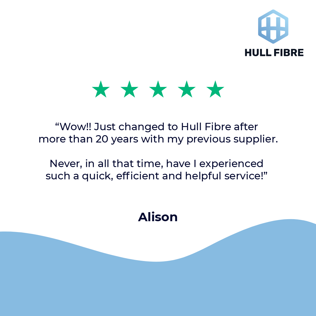 FEEDBACK FRIDAY!

Thank you Alison for putting your trust in us and sharing your great experience with our broadband service 😄 To see more of our excellent reviews please visit our Trustpilot: zurl.co/ndHa

📞 01482 574574
📧 sales@hull-fibre.co.uk
