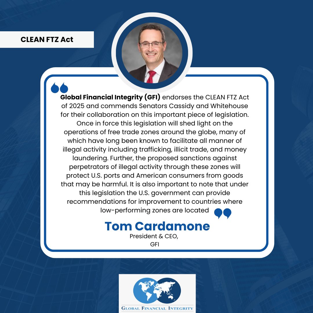 IllicitFlows's tweet photo. Global Financial Integrity  endorses the CLEAN FTZ Act of 2025 and commends @SenBillCassidy and Whitehouse for their collaboration on this important piece of legislation. - @TCardamoneJrGFI 

Read full statement here: https://t.co/7Ry4WDo7Sq https://t.co/x7VnGVk25B