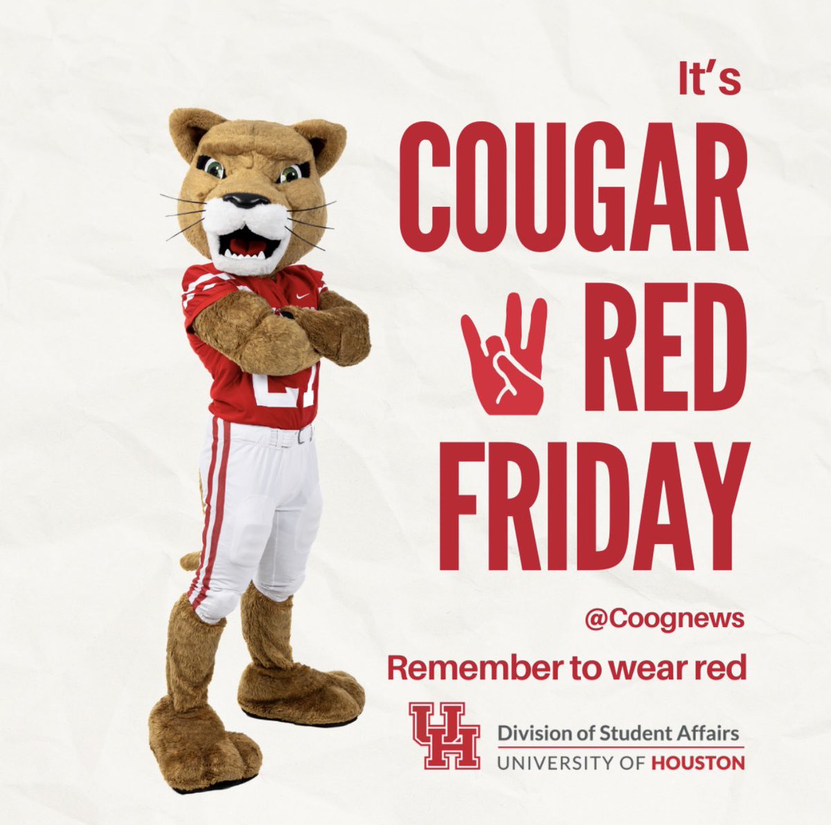 UH_DSA's tweet photo. Red alert! It’s Cougar Red Friday – time to wear your red and let everyone know you’re a proud Coog! #uhdsa #cougarredfriday https://t.co/fAE1TdmDbL