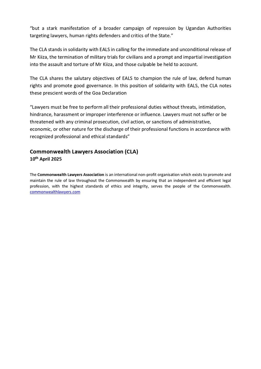 East Africa Law Society(EALS) (@ealawsociety) on Twitter photo We appreciate the Commonwealth Lawyers Association ( <a href="/cla_lawyers/">Commonwealth Lawyers</a> ) for their solidarity and support following the 26th March EALS statement on the detention of Ugandan human rights lawyer, Mr. Eron Kiiza. <a href="/kiizaeron/">KIIZA ERON</a>
We welcome the positive developments since then — including We appreciate the Commonwealth Lawyers Association ( <a href="/cla_lawyers/">Commonwealth Lawyers</a> ) for their solidarity and support following the 26th March EALS statement on the detention of Ugandan human rights lawyer, Mr. Eron Kiiza. <a href="/kiizaeron/">KIIZA ERON</a>
We welcome the positive developments since then — including