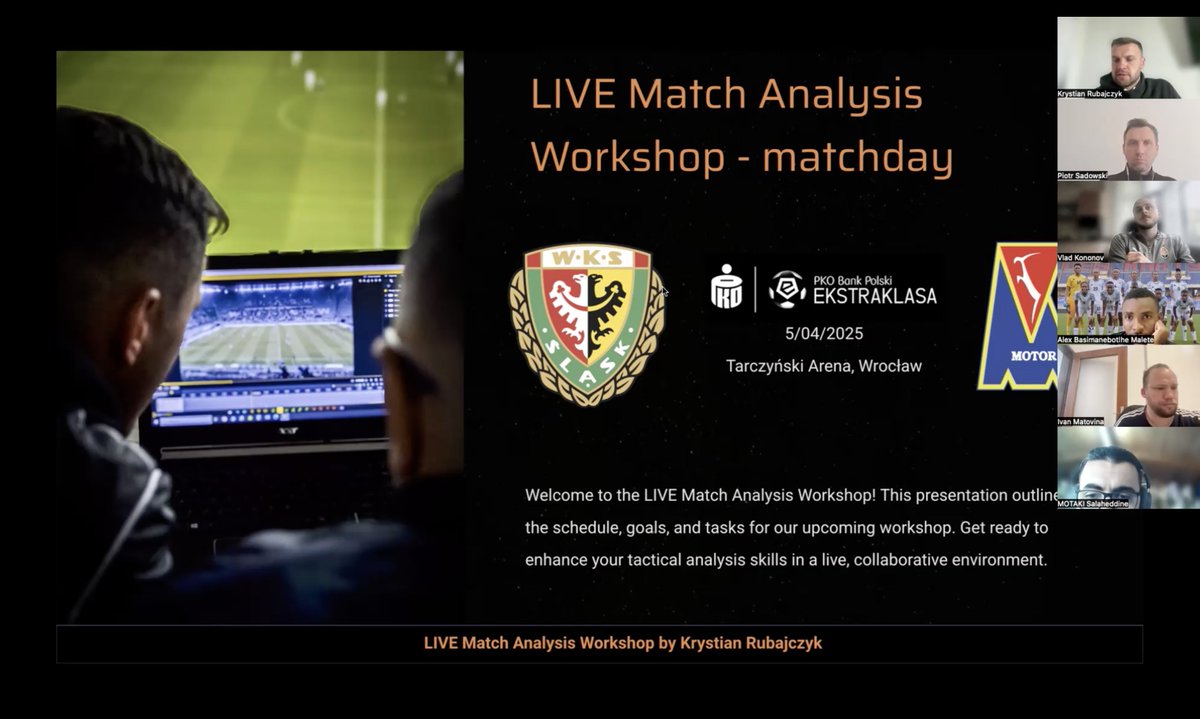 K_Rubajczyk's tweet photo. The field is a classroom. But sometimes, the screen becomes the chalkboard!

On April 5th, we hosted the latest edition of our LIVE Match Analysis Workshop – a dynamic, real-time tactical training experience built around the Ekstraklasa fixture: Śląsk Wrocław vs Motor Lublin.

25 coaches from 4 continents joined us online to simulate the true pressure of match-day decision-making.

Working in dedicated Zoom breakout rooms, participants followed a structured tactical workflow:

✔️ Tactical scenario briefing
✔️ Pre-match insights by Luka Pintarič – our First Team Analyst (huge thanks for your expert input!)
✔️ 5 real-time tasks aligned with live match phases
✔️ Preparation of video clips from the private tactical stream
✔️ Tactical press-conference briefing at full-time
✔️ Final group debrief and expert discussion

Each team worked collaboratively in analysis roles (DEF, OFF, TRANSITION, SET PIECES) and submitted findings using professional reporting templates. The goal was to replicate a real elite environment — and based on the discussion that followed, we achieved it.

Special thanks to @piotr_sadowski  i Mateusz Zawadzki for their outstanding support in coordinating the team breakout sessions. Your leadership made this flow seamless.

This was not just a session — it was a lab of learning, communication, and tactical refinement. We’re committed to building a global learning culture around football analysis.

If you’re interested in hosting a similar experience with us — get in touch.

Let’s bridge the gap between match analysis theory and the speed of real-time decisions. Tactical minds grow in the heat of the game.

#TacticalAnalysis #MatchAnalysis