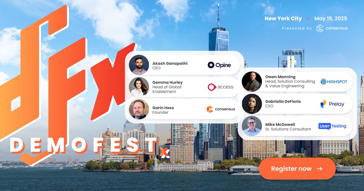 Scaling your genius means turning great into repeatable.

At #DEMOFESTx East Coast, top GTM leaders are sharing how they systemize success—across discovery, onboarding, demos &amp; more.

🎤 New speakers just announced.
Get their playbooks 👉hubs.ly/Q03gTHm40