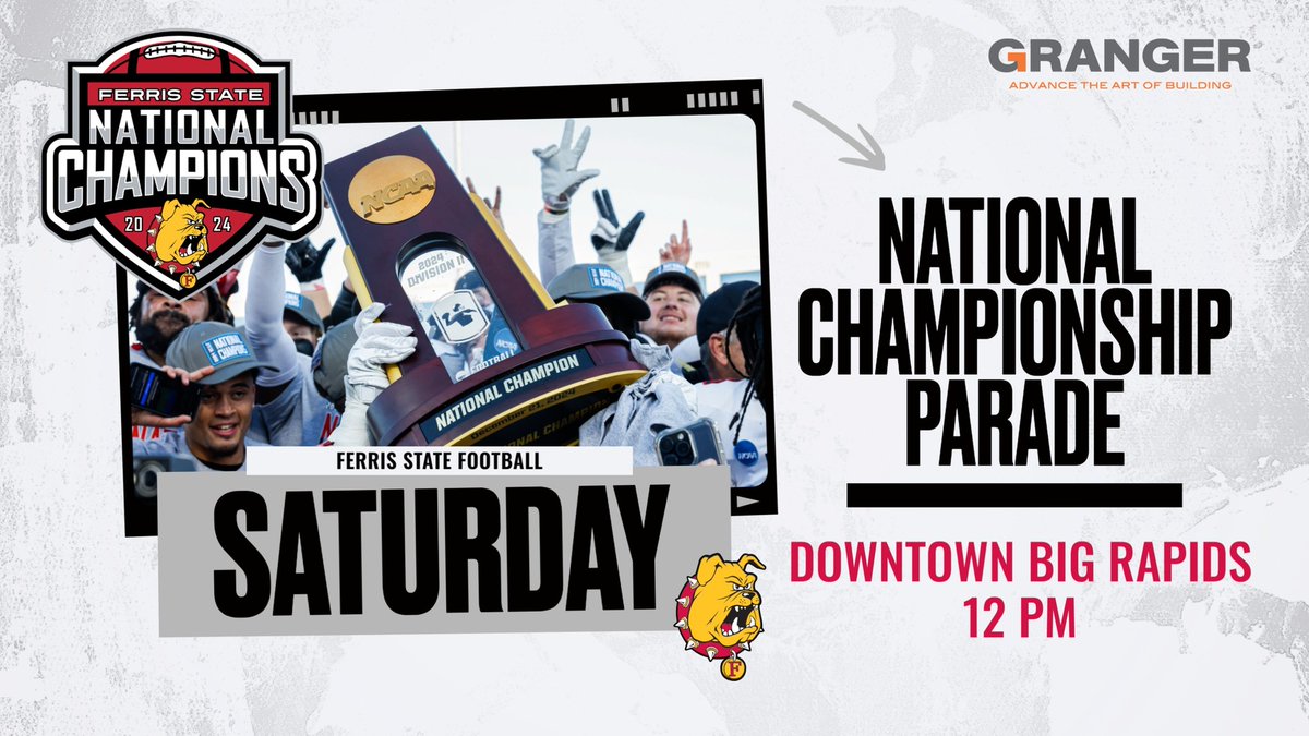 Ferris Athletics (@ferrisathletics) on Twitter photo ONE DAY AWAY! National Championship Parade tomorrow at noon in downtown Big Rapids, presented by Granger Construction. Parade runs from library to city hall with special ceremony at end of parade route! Come out & honor our National Champs !! <a href="/FerrisFootball/">Ferris St. Football</a> ONE DAY AWAY! National Championship Parade tomorrow at noon in downtown Big Rapids, presented by Granger Construction. Parade runs from library to city hall with special ceremony at end of parade route! Come out & honor our National Champs !! <a href="/FerrisFootball/">Ferris St. Football</a>