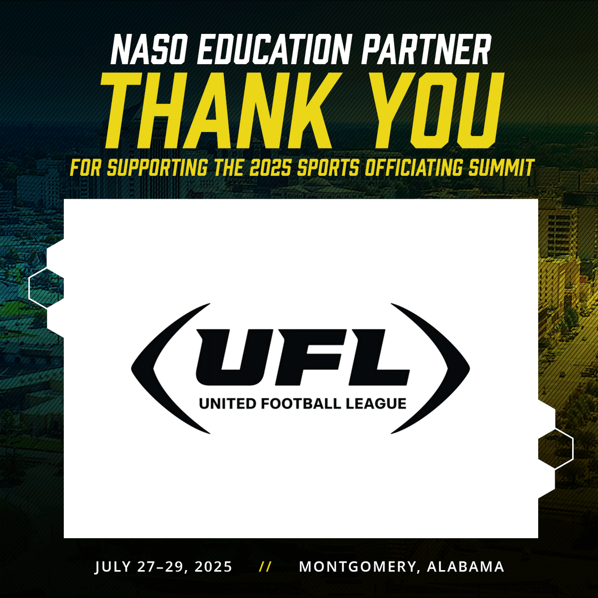 NASO (@nasoofficiating) on Twitter photo The <a href="/TheUFL/">United Football League</a> supports the future of sports officiating. Will you be a part of it in historic Montgomery this summer? Register today! sportsofficiatingsummit.com The <a href="/TheUFL/">United Football League</a> supports the future of sports officiating. Will you be a part of it in historic Montgomery this summer? Register today! sportsofficiatingsummit.com