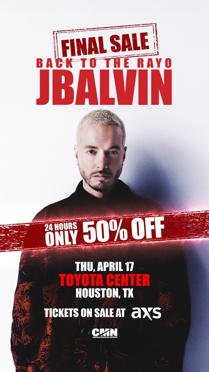50% de descuento!J Balvin regresa a Houston este 17 de abril a Toyota Center con su gira Back to the Rayo Tour! Aprovecha esta oferta 50% de descuento x solo 24 horas. Visita axs.com consigue tus boletos con 50% de descuento Inventario limitado disponible