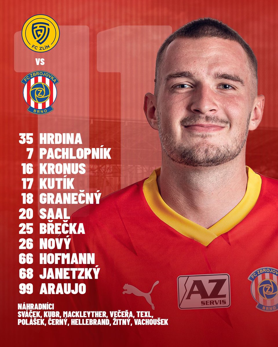 FCZbrojovkaBrno's tweet photo. Ve Zlíně vyběhne na trávník tato základní sestava! 💪

🔴 Po jednozápasovém trestu se vrací bývalý hráč domácích Jakub Janetzký. 
⚪️ Ve středu hřiště nastupuje 19letý Lukáš Saal. 
🔵 Zpět v základní sestavě je také nejlepší střelec týmu Adam Kronus.

Vzhůru Brno! 👊

#fczb #zbrojovka #vicnezfotbal