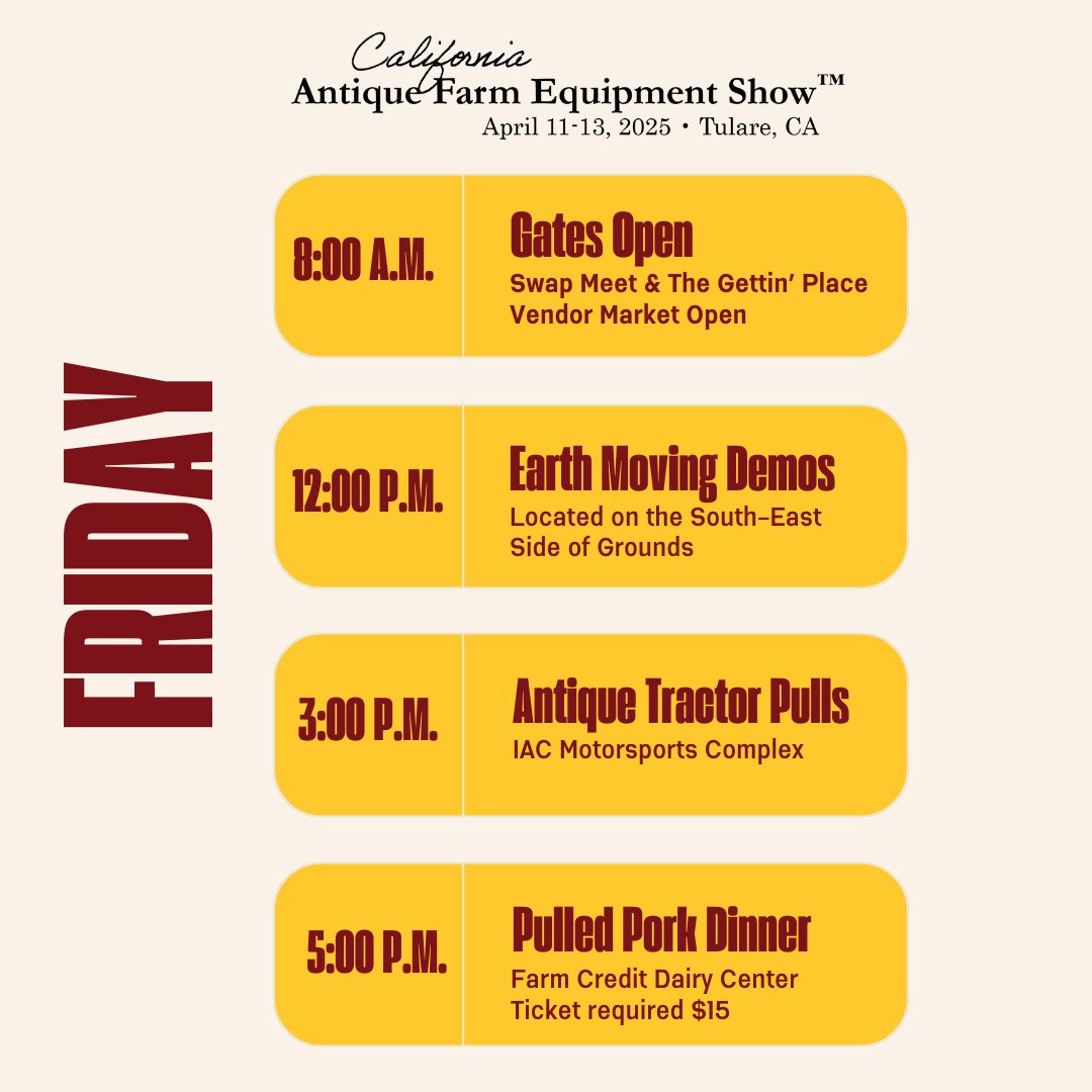 The gates are open, and it's the first day of the California Antique Farm Equipment Show™! Start your experience today with a preview of the show. 

For more details, visit antiquefarmshow.org.