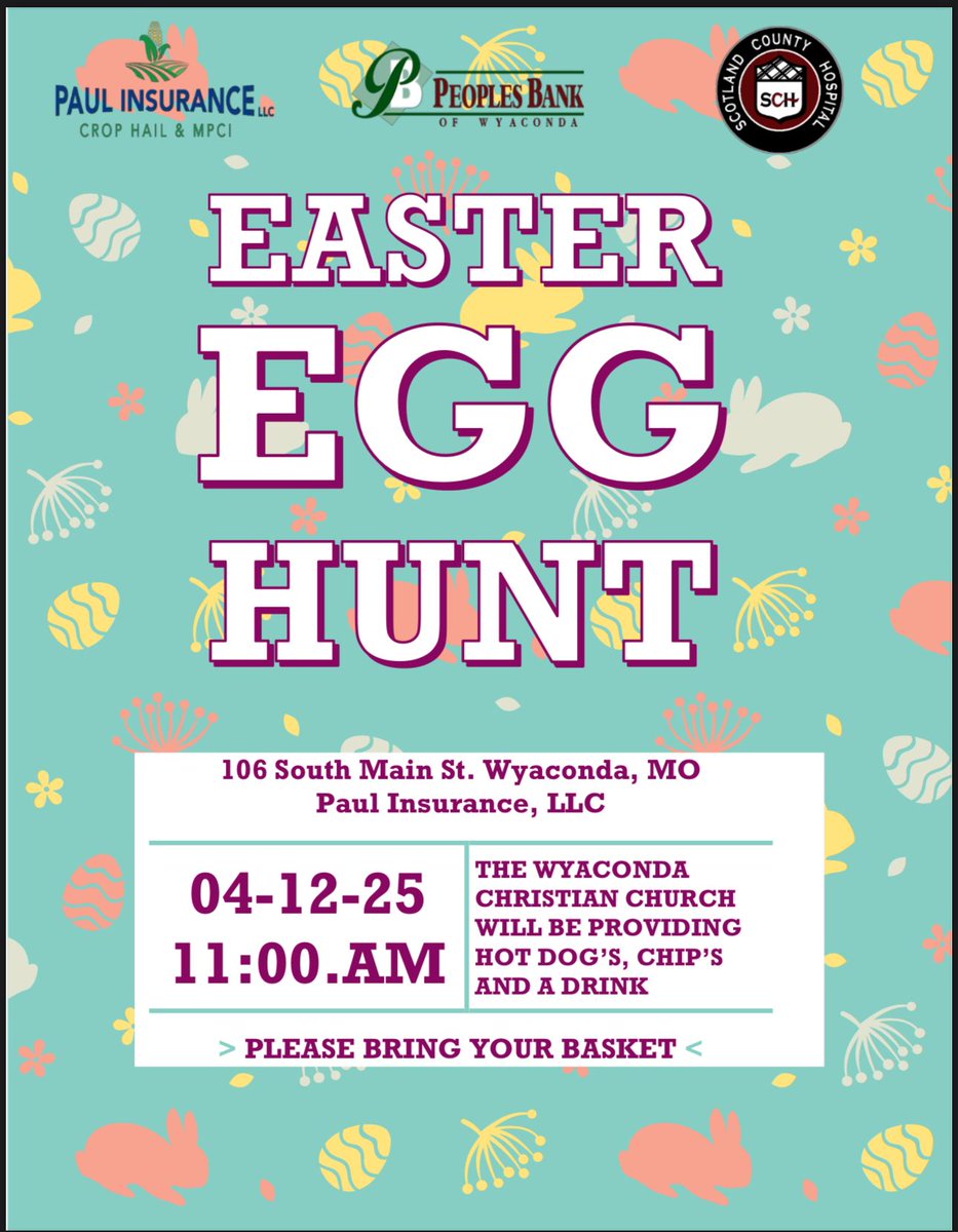 ScotlandCoHosp's tweet photo. Join us tomorrow, April 12th at 11:00am for the annual Easter Egg Hunt in Wyaconda, MO!  Hot dogs, chips and a drink will be provided by the Wyaconda Christian Church. https://t.co/C2QAR9mf3E