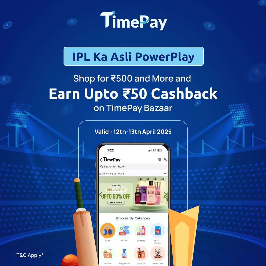 TimePay_UPI's tweet photo. Check out our Cool Combo for a sizzling summer weekend!
Shop smart on #TimePay Bazaar and pay with TimePay #UPI for a rewarding weekend of Cashback + Celebration + Cricket.
 
#IPL #IPL2025  #baisakhi  #offers #rewards #cashback https://t.co/0R9rqfbutO