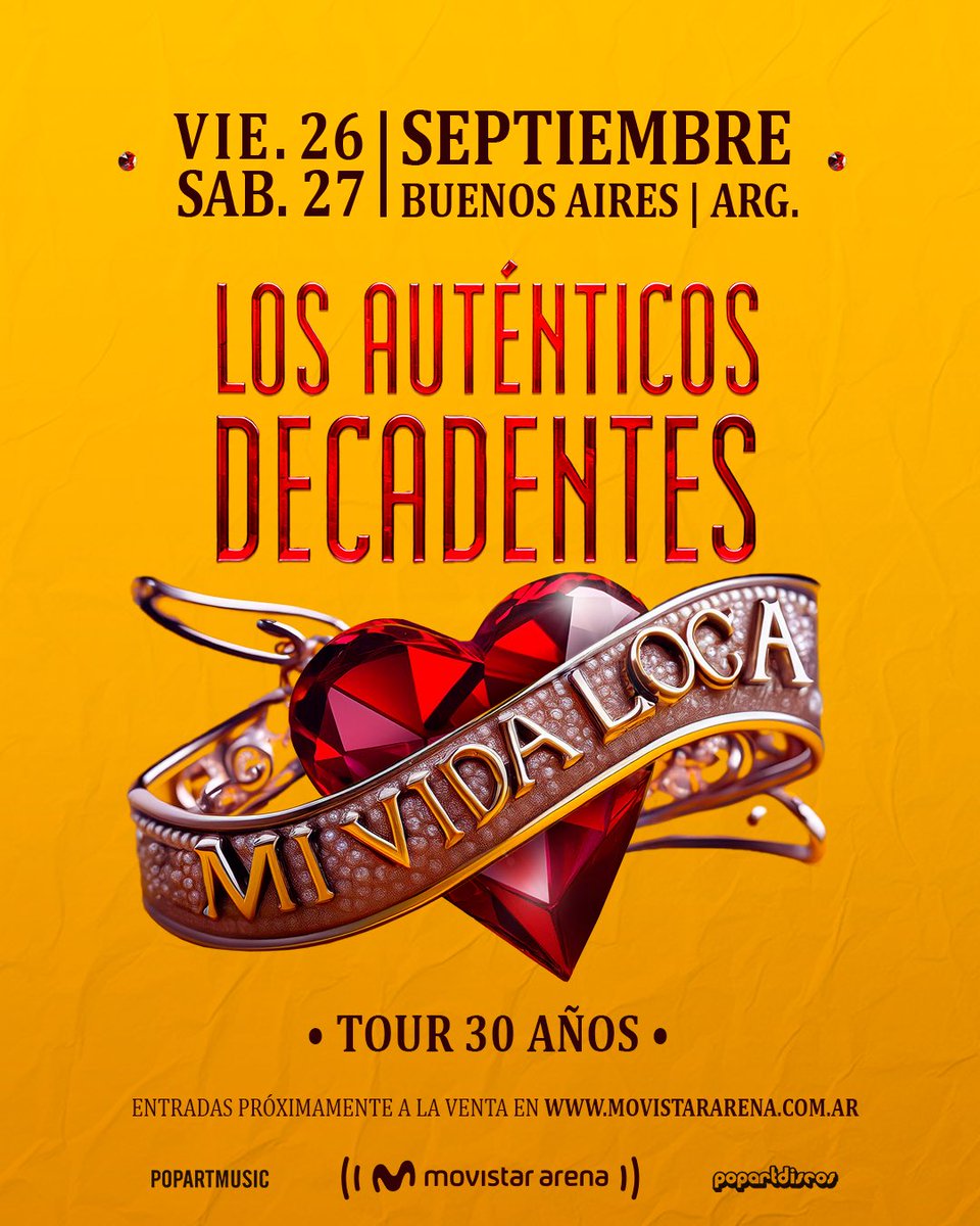 LADecadentes's tweet image. BUENOS AIRES el anuncio que tanto esperabamos 🥹🔥🔥🔥 
Se vienen dos fechas increíbles en el Movistar Arena, 26 y 27 de septiembre celebrando los 30 años de Mi Vida Loca, en casa con todos ustedes 💘💘💘

🎫 Entradas próximamente a la venta