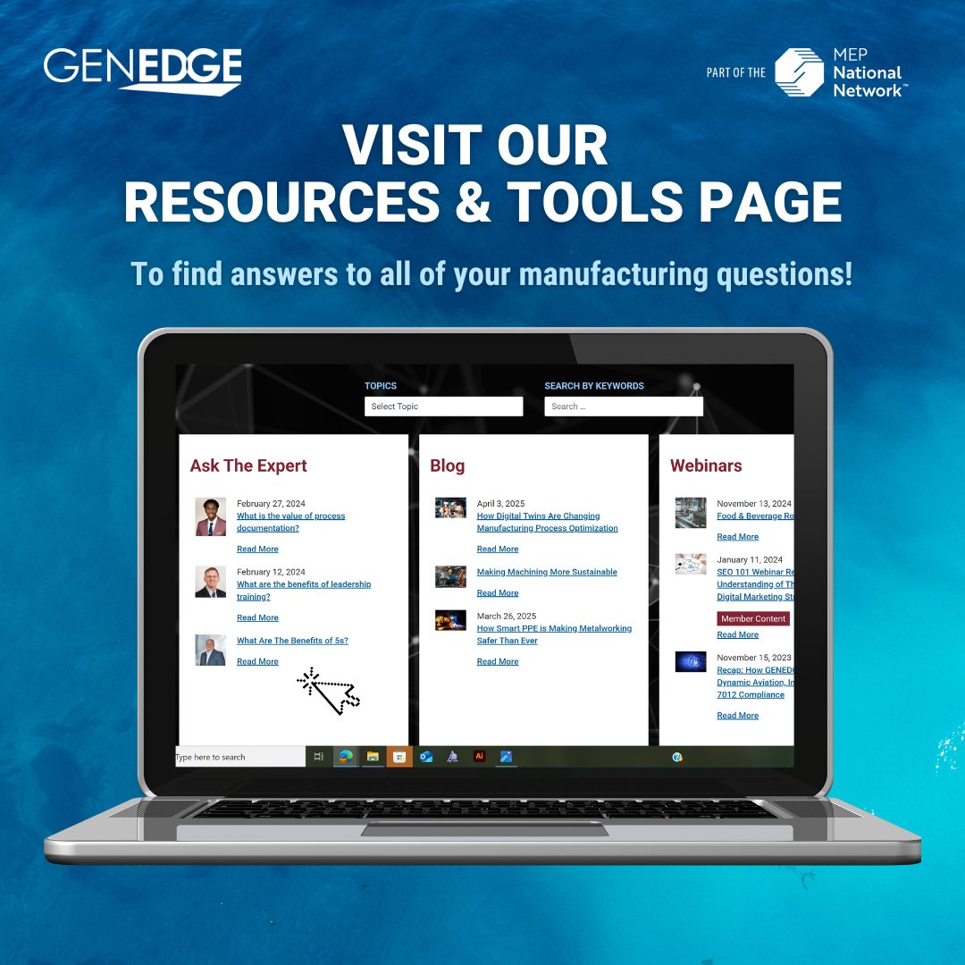 Did you know that our Resources &amp; Tools page features #blogs, "Ask the Expert" videos, and #webinars? You can even search by topic to find the specific resource that you're looking for! Ready to get started answering your manufacturing questions? genedge.org/resources-tool…