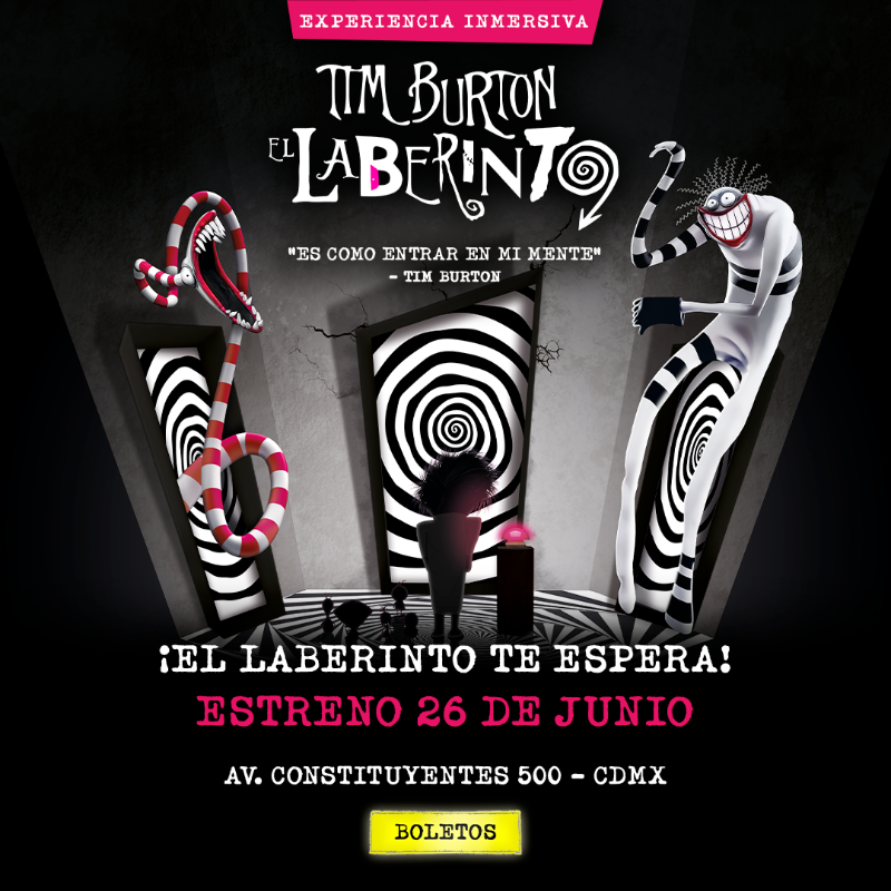 fever_gl's tweet photo. ¡Atención CDMX!🤩 El laberinto de Tim Burton te espera con más de 300 caminos posibles. ¿Te atreves a entrar? 🎩