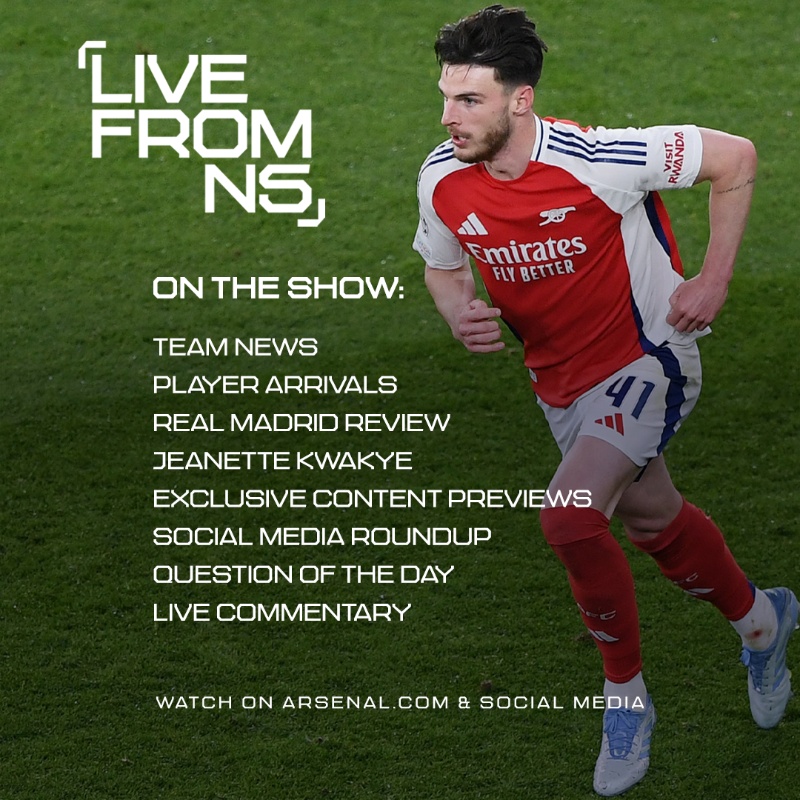 Arsenal's tweet photo. Coming up on today's show... 🥁

Make sure to tune into Live From N5 from 4.30pm (UK) 👇