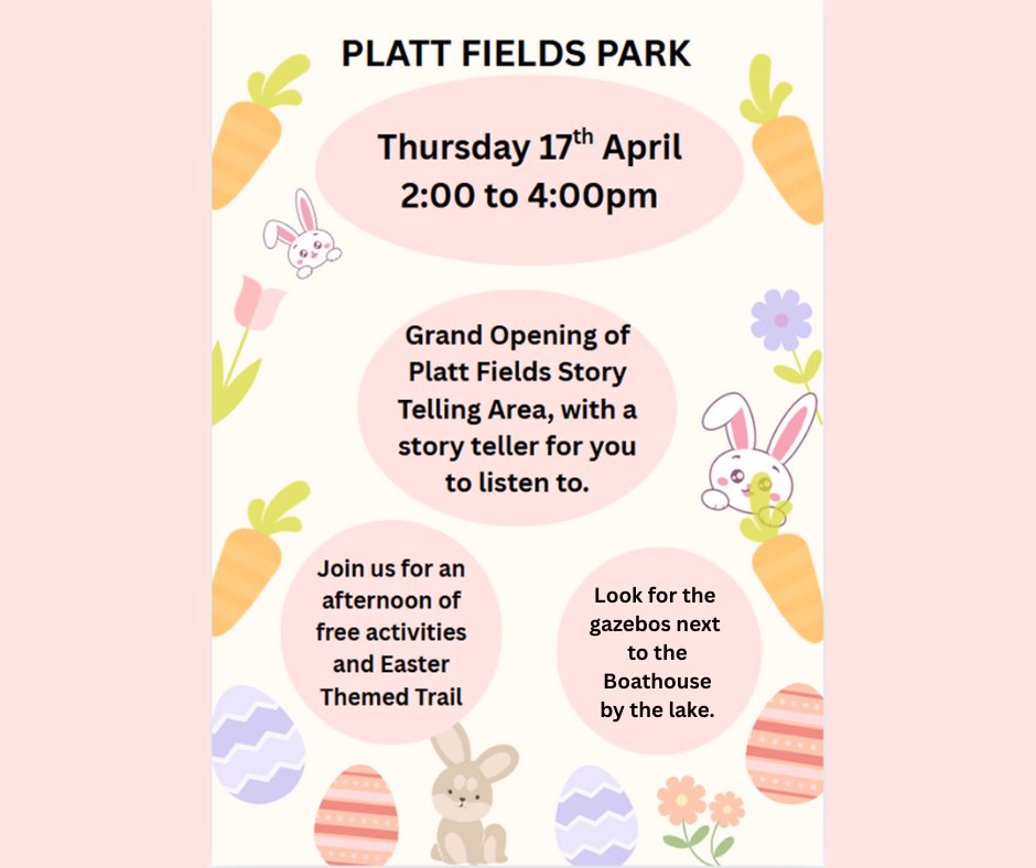 Join us on Thursday to launch the brand new Story Telling corner in Platt Fields!🤩📘🐣 <a href="/MancLibraries/">Manchester Libraries</a>