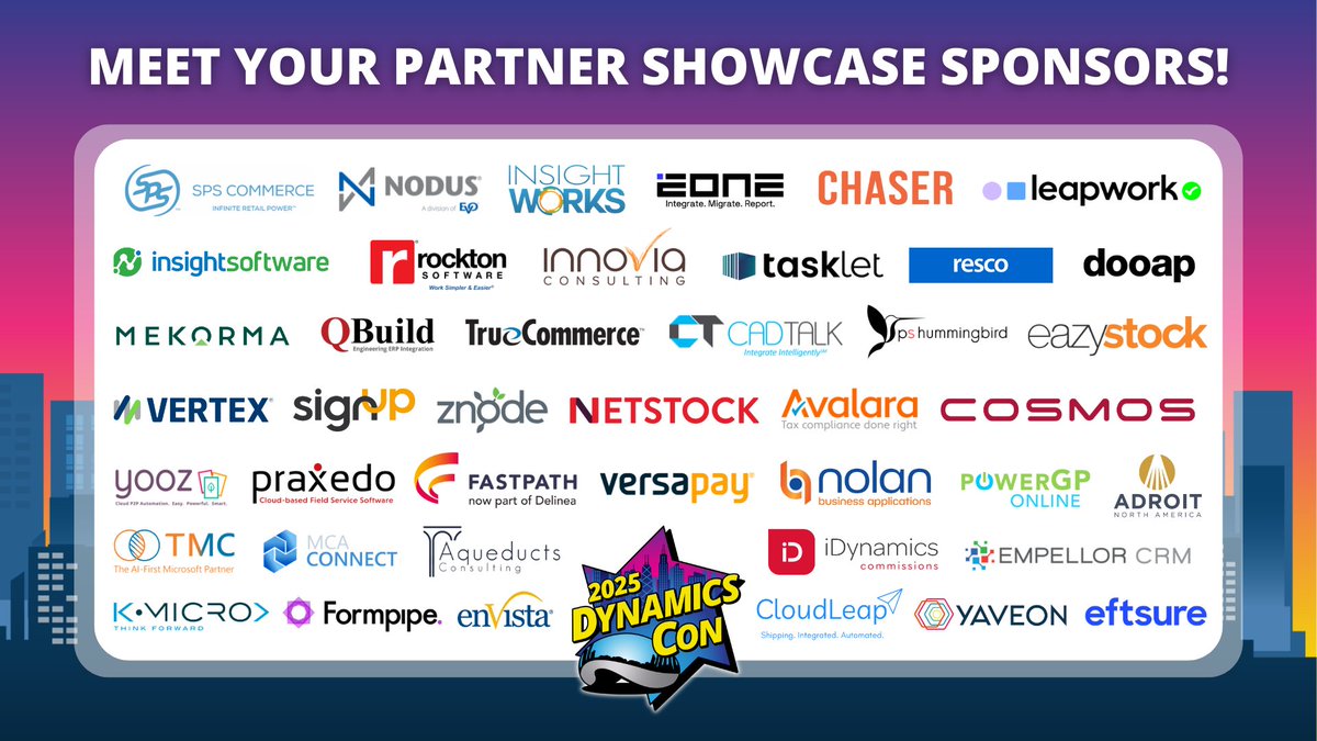 We want to give a HUGE SHOUTOUT 🗣️ to our #DynamicsCon 2025 𝐏𝐚𝐫𝐭𝐧𝐞𝐫 𝐒𝐡𝐨𝐰𝐜𝐚𝐬𝐞 𝐒𝐩𝐨𝐧𝐬𝐨𝐫𝐬! Catch these companies' sessions in Chicago this May to learn how these #BizApps community advocates can help elevate your business! 👀💡

📒 hubs.la/Q03gQF6d0