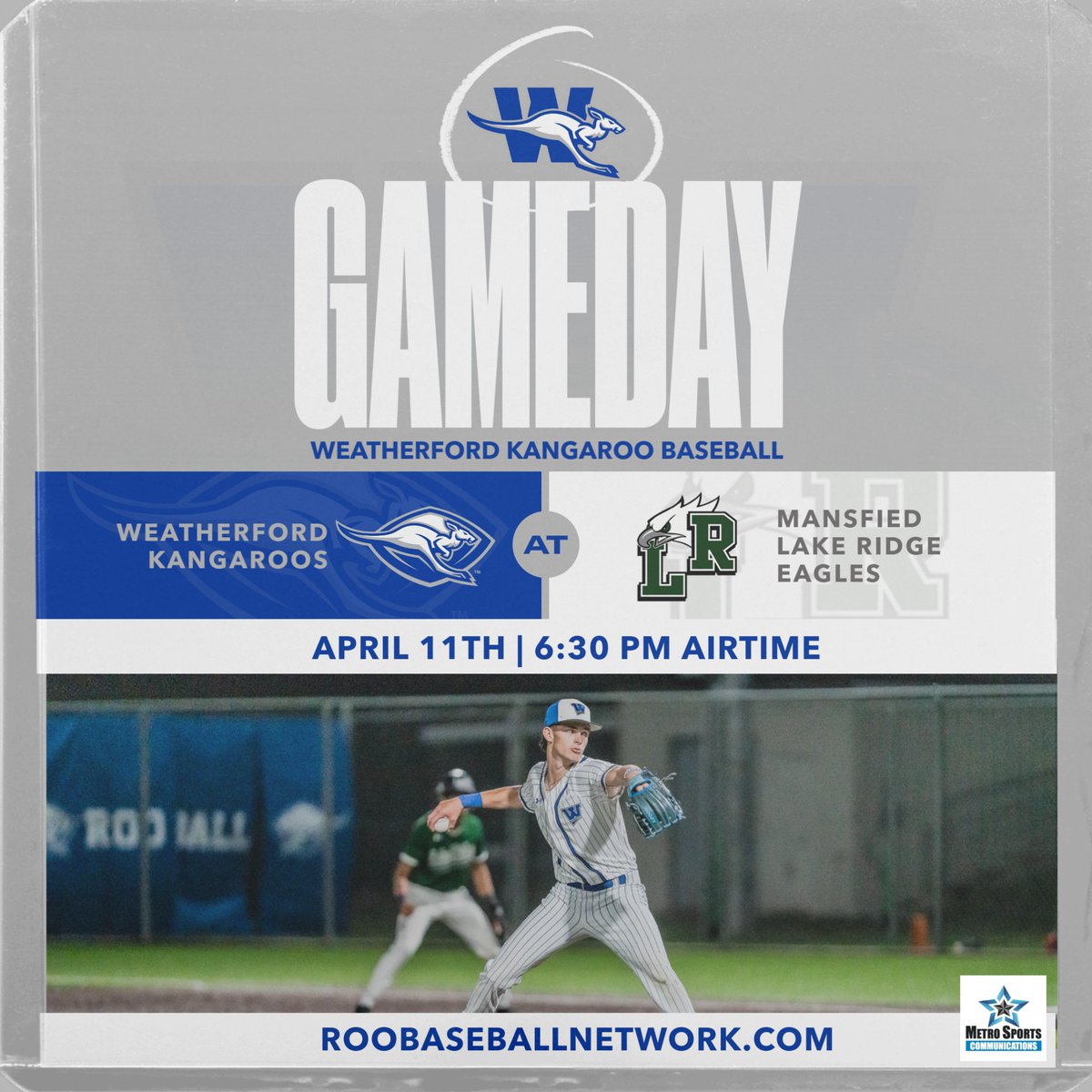 Metro Sports DFW (@metrosportsdfw) on Twitter photo 💥It's GAME DAY!💥
📻Listen on the Official Home of Kangaroo Baseball ⚾
<a href="/WHSRooBaseball/">Roo Baseball</a> vs. <a href="/LRHSBASEBALL/">Lake Ridge Baseball</a>
Fri, Apr 11
6:30 pm airtime
👉RooBaseballNetwork.com
<a href="/whsrooathletics/">Weatherford Athletics</a>
<a href="/WHS_Roos/">Weatherford High School</a>
<a href="/WeatherfordISD/">Weatherford ISD</a>
<a href="/MISDathletics/">MISD Athletics Dept.</a>
<a href="/LRHSEAGLES/">LRHS Athletics</a>
Photo Credit: Randy Cutshall Photography 💥It's GAME DAY!💥
📻Listen on the Official Home of Kangaroo Baseball ⚾
<a href="/WHSRooBaseball/">Roo Baseball</a> vs. <a href="/LRHSBASEBALL/">Lake Ridge Baseball</a>
Fri, Apr 11
6:30 pm airtime
👉RooBaseballNetwork.com
<a href="/whsrooathletics/">Weatherford Athletics</a>
<a href="/WHS_Roos/">Weatherford High School</a>
<a href="/WeatherfordISD/">Weatherford ISD</a>
<a href="/MISDathletics/">MISD Athletics Dept.</a>
<a href="/LRHSEAGLES/">LRHS Athletics</a>
Photo Credit: Randy Cutshall Photography