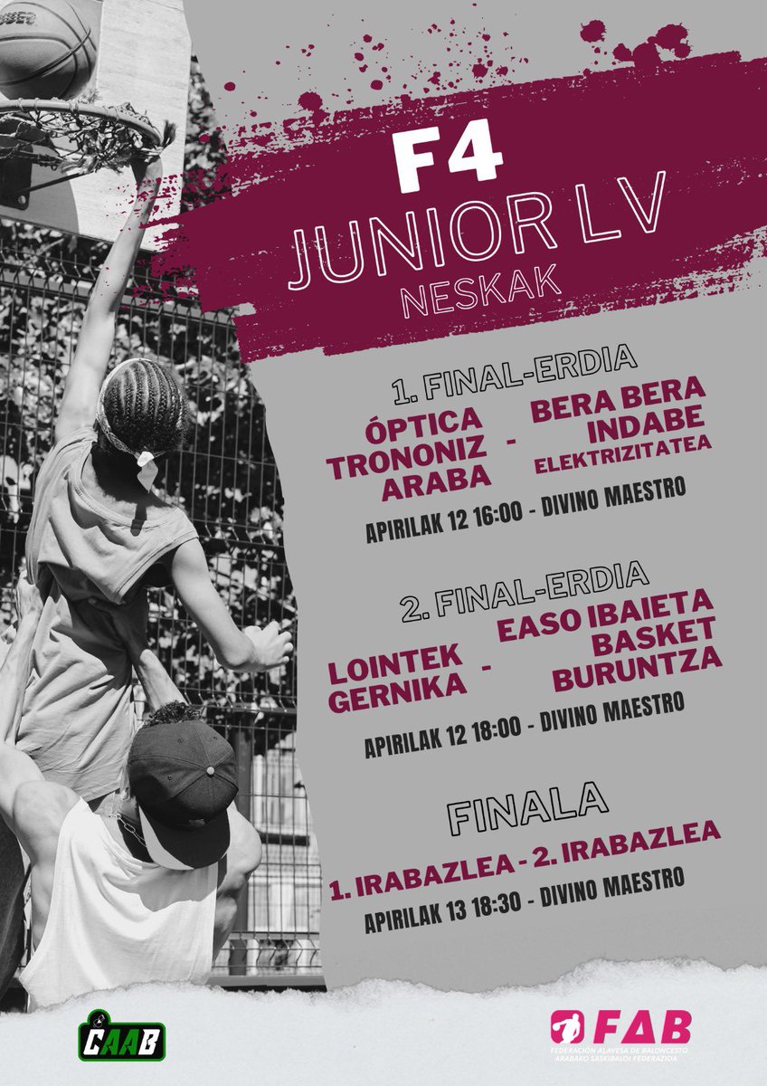 basketaraba's tweet photo. 🏀F4 JUNIOR LIGA VASCA MASCULINO Y FEMENINO🏀
Este fin de semana se disputan las F4 junior masculina y femenina en Mendizorrotza y Divino Maestro respectivamente. ¿Te las vas a perder?

ZORTE ON GUZTIOI!!
#basketaraba🏀 https://t.co/2iELW39ajh
