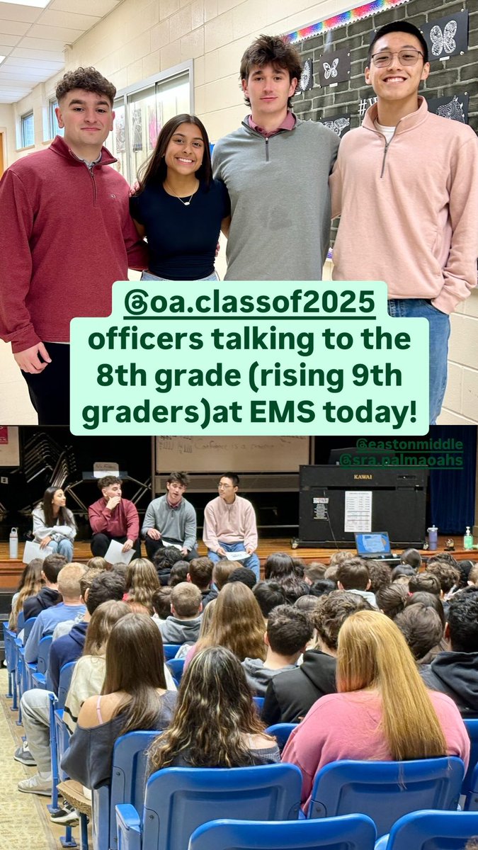 Senior class officers at EMS this morning for a Q&amp;A session about high school with the 8th graders(rising 9th graders) 💚🤍
<a href="/Mastro_OAHS/">Dan Mastrogiacomo</a> <a href="/flanagan_oahs/">Dr. TJ Flanagan (he, him, his)</a> <a href="/OATigers/">Oliver Ames High School</a>