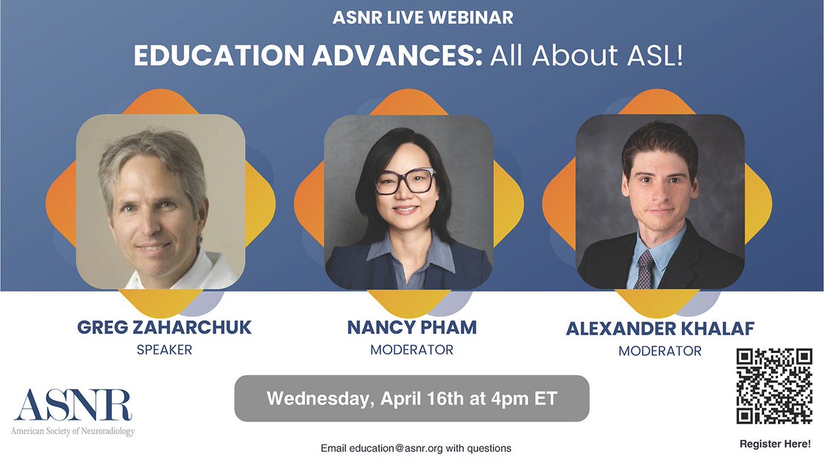 The American Society of Neuroradiology (@theasnr) on Twitter photo Register now for our next free webinar on April 16. Join us at 4:00 pm ET for Education Advances: All About ASL! Get all of the details and register now: ow.ly/VaXr50VyZzp
<a href="/NancyPhamMD/">Nancy Pham</a> <a href="/GregZ_MD/">Greg Zaharchuk</a> <a href="/Rajagopalan_Pri/">Priya Rajagopalan</a> Register now for our next free webinar on April 16. Join us at 4:00 pm ET for Education Advances: All About ASL! Get all of the details and register now: ow.ly/VaXr50VyZzp
<a href="/NancyPhamMD/">Nancy Pham</a> <a href="/GregZ_MD/">Greg Zaharchuk</a> <a href="/Rajagopalan_Pri/">Priya Rajagopalan</a>