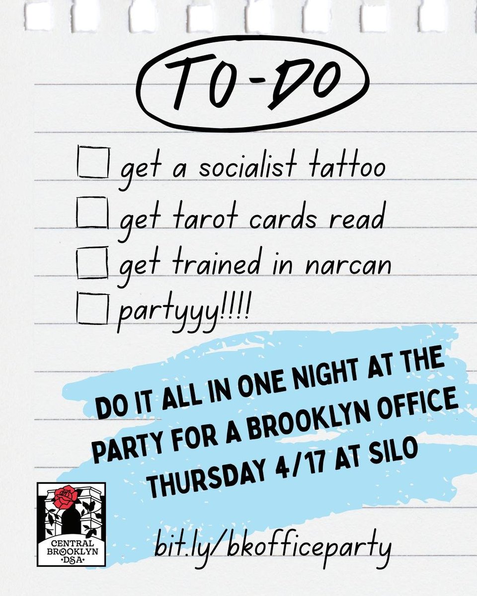 Where can you do it all in one night:
🔮get a tarot reading
🫶learn how to administer narcan
✒️get a radical tattoo (or button)
🙋🏾‍♂️meet a state senator 
🕺dance the night away

Only in BROOKLYN of course, at the Brooklyn DSA office fundraiser Thursday 4/17 bit.ly/bkofficeparty