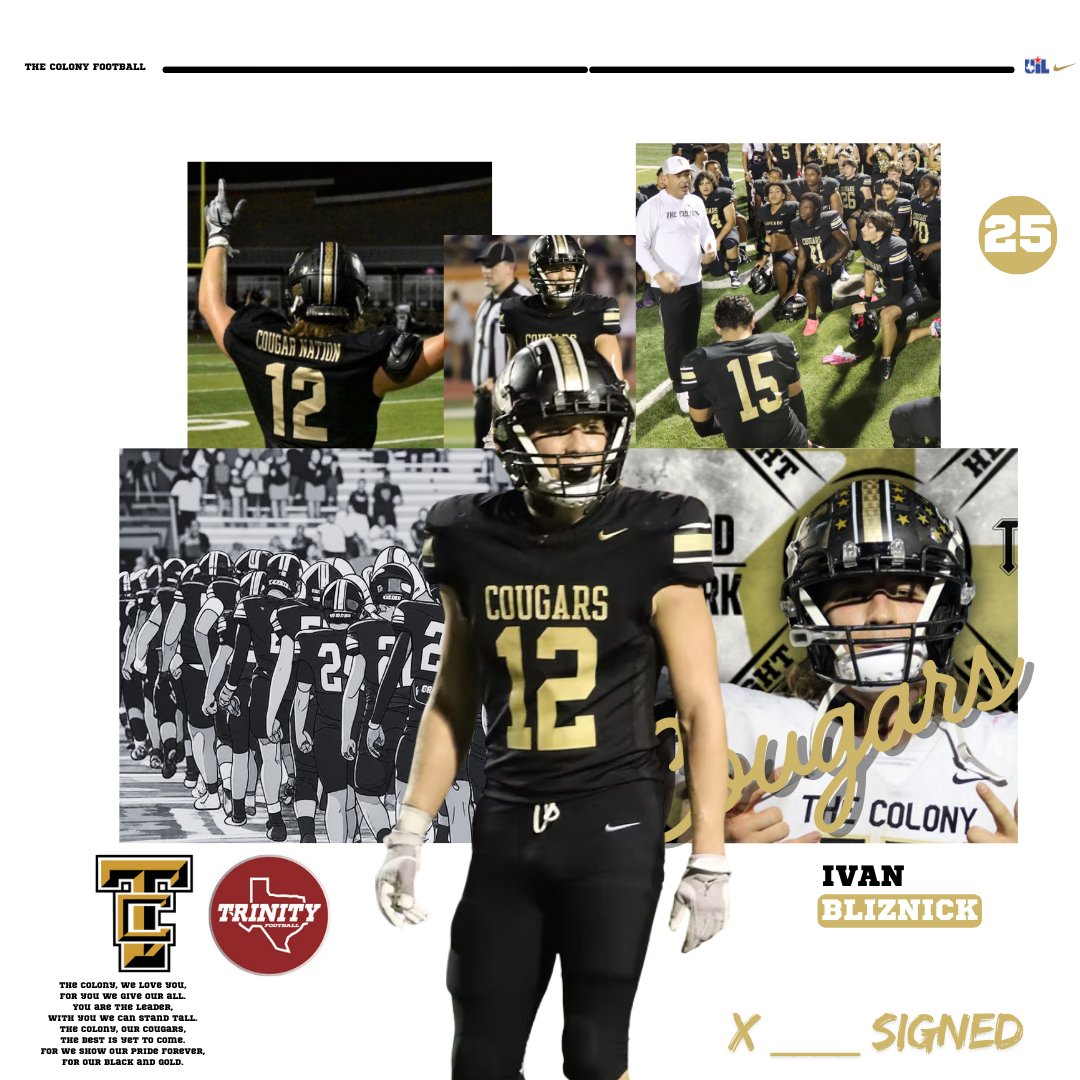 "Today we proudly celebrate <a href="/IvanBliznick/">Ivan B</a>  as he officially commits to <a href="/TUFootballTX/">Trinity University Football</a> . Thank you for all the memories—wishing you nothing but success on this exciting new journey!" <a href="/TCougarfootball/">TCHS Cougar Football</a> <a href="/rudy_rangel41/">Rudy Rangel</a> <a href="/Bgrady21/">Coach Grady</a>