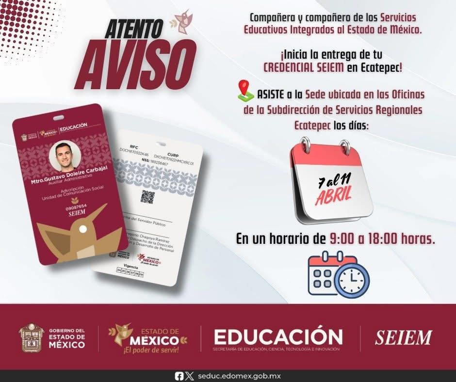 SEIEM_'s tweet photo. ¡#Recoge tu #CredencialSEIEM en #Ecatepec!
#Hoy 11 de abril, #ÚltimoDía para ir por ella, en la Sede de las Oficinas Regionales Ecatepec, Av. México, esquina Bahamas s/n, colonia Jardines de Cerro Gordo, Ecatepec de Morelos, en un horario de 9:00 a 18:00 horas.
¡Te esperamos! https://t.co/XY3OC9vonI