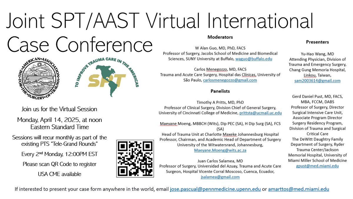International Case Conference. Monday, April 14, 2025, at noon Eastern Standard Time.  Register and Join Zoom Meeting: zoom.us/j/93003989518, Meeting ID: 930 0398 9518, Passcode: 604216. More information at: panamtrauma.org/page-1854883