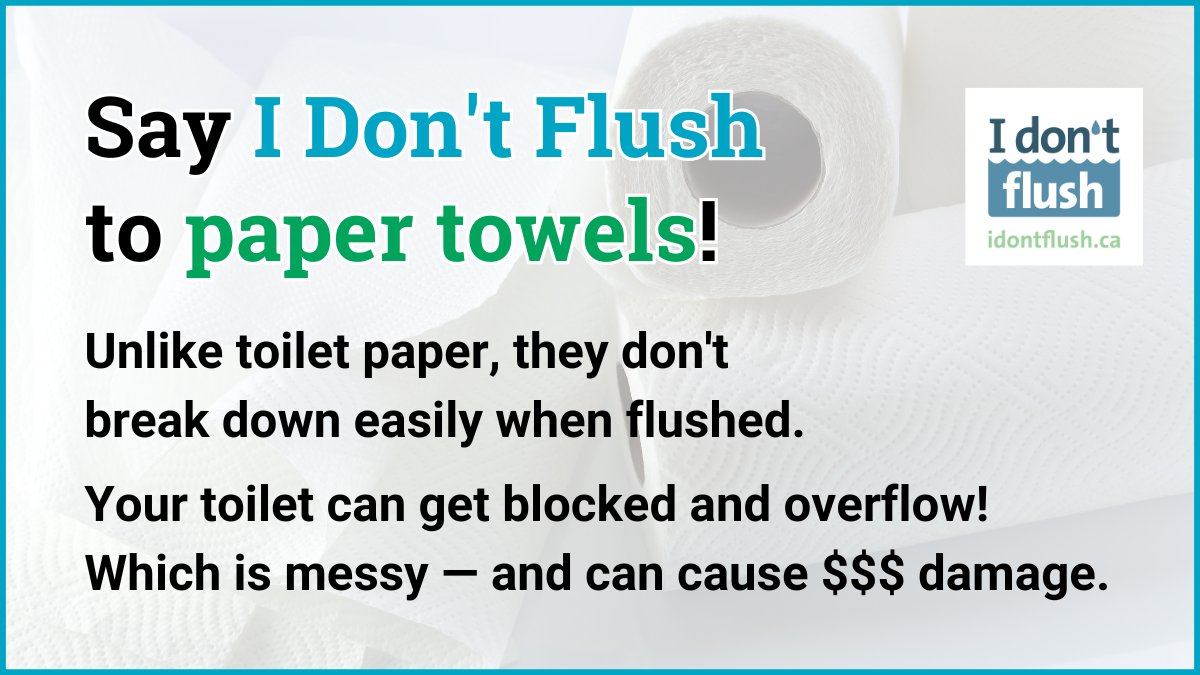 Flush only the 3Ps please! That's pee, poo 💩 and toilet paper. Unflushables like paper towels are bad news for your pipes – and your wallet! #idontflush