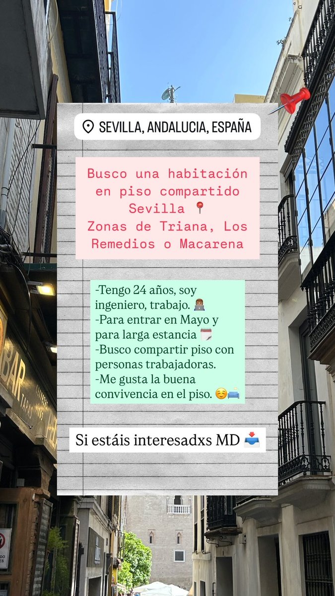 Hola!!! Estoy buscando habitación en piso compartido en Sevilla. Me urge entrar en Mayo. 😬😬

Cualquier duda habladme a Instagram:
Ig: josexromero

Agradecería difusión!! ❤️‍🩹