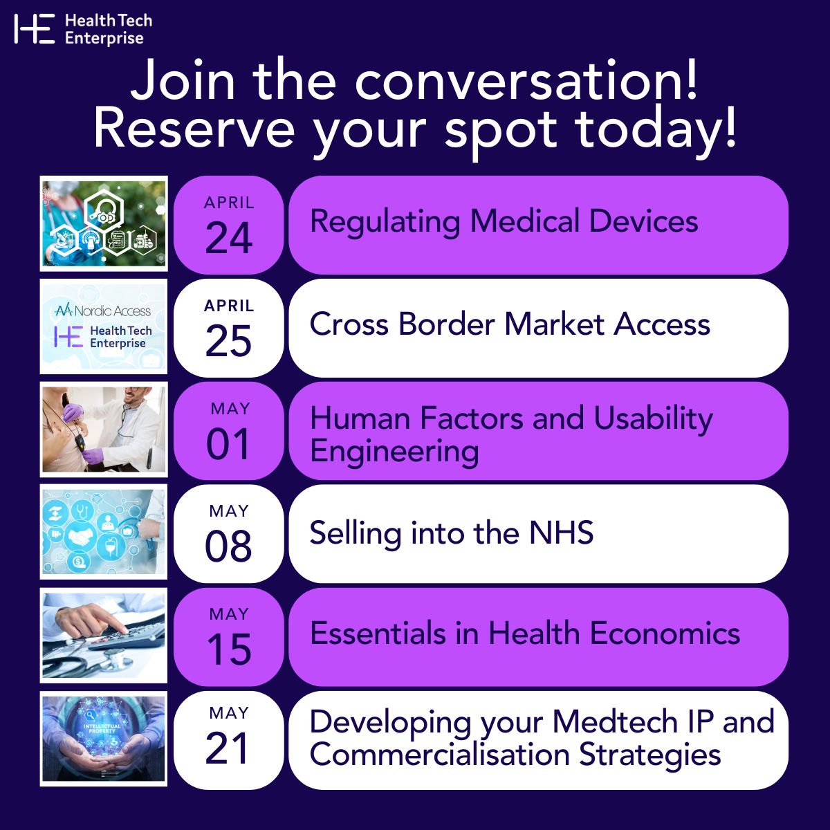 🚀 MedTech Innovators! Join our webinar series on IP strategy, health economics, regulation &amp; HF, and selling into the NHS. Get expert insights to take your medical technology from idea to market. 
🌍 Online | 🎟️ Register now: bit.ly/3FZJEFd 
#MedTech #HealthInnovation