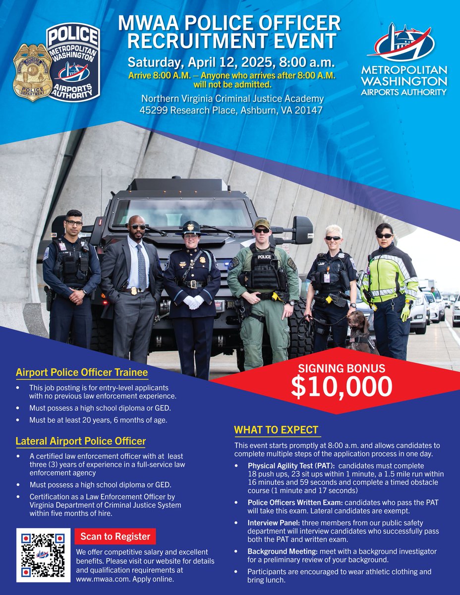 Join us tomorrow for a Police Recruitment Event on Saturday, April 12, 2025 at The Northern VA Criminal Justice Academy in Ashburn, VA @ 8 a.m. If you are interested in joining our team, please visit: bit.ly/44bJwMW for more information. Sign-on-bonus: $10K