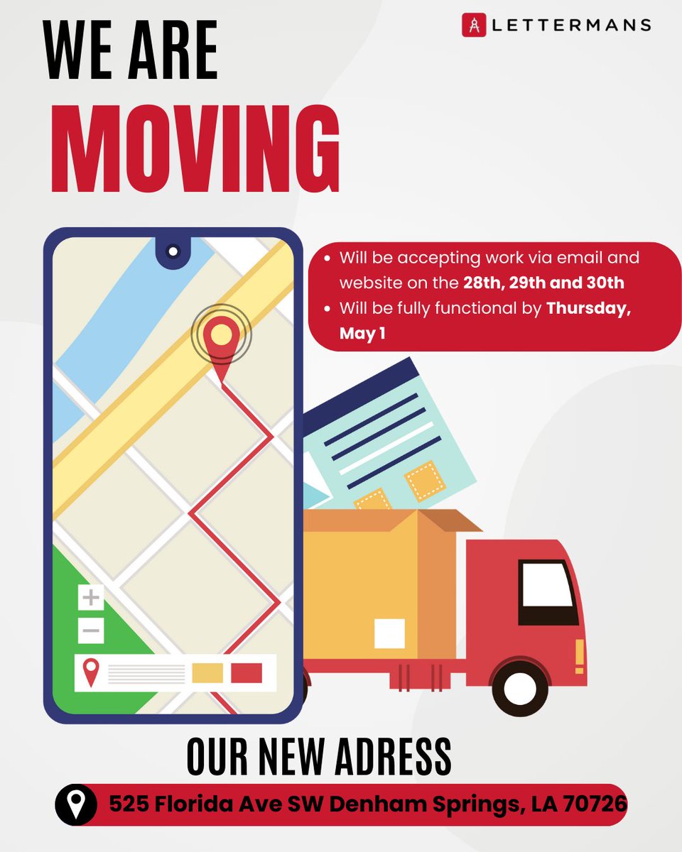 Lettermans's tweet photo. New location, same great service!

Lettermans is on the move April 28–30 — but don’t worry, we’ll still be taking orders through email and our website.

We will be fully operational May 1 at our new location:
525 Florida Ave SW Denham Springs, LA 70726

We’re excited for this... https://t.co/PdxeKIxjpV