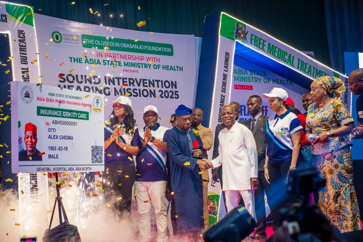 alexottiofr's tweet photo. Yesterday, the Abia State Government, in collaboration with strategic partners and the Olusegun Obasanjo Foundation, launched THREE groundbreaking healthcare initiatives:

* Formal Sector Health Insurance Scheme: Providing affordable and comprehensive healthcare access for tens of thousands of civil servants and their families.
* Free Hearing Aid Distribution Project: Empowering 1,000 individuals with hearing aids through the Sound Intervention Mission sponsored by the Olusegun Obasanjo Foundation.
* Free Medical Outreach: Bring consultations, treatments, and minor surgeries to the doorsteps of our people in Umuahia and Aba at no cost.

During the launch, I emphasized that no one in the New Abia should ever be denied healthcare for financial reasons. Our vision is clear—to build a dynamic, inclusive, and responsive healthcare system for all.  

On behalf of the government and people of Abia State, I extend heartfelt gratitude to Chief Olusegun Obasanjo, GCFR, for his unwavering love for our people and his participation in launching these transformative healthcare initiatives. His enduring patriotism and commitment to public service, even at an advanced age, inspire us all to remain optimistic about Nigeria's great potential despite challenges.  

We deeply appreciate the Olusegun Obasanjo Foundation for bringing its health intervention initiative to Abia. We thank God for the gift of his leadership and wish him continued strength and fulfilment in the years ahead.