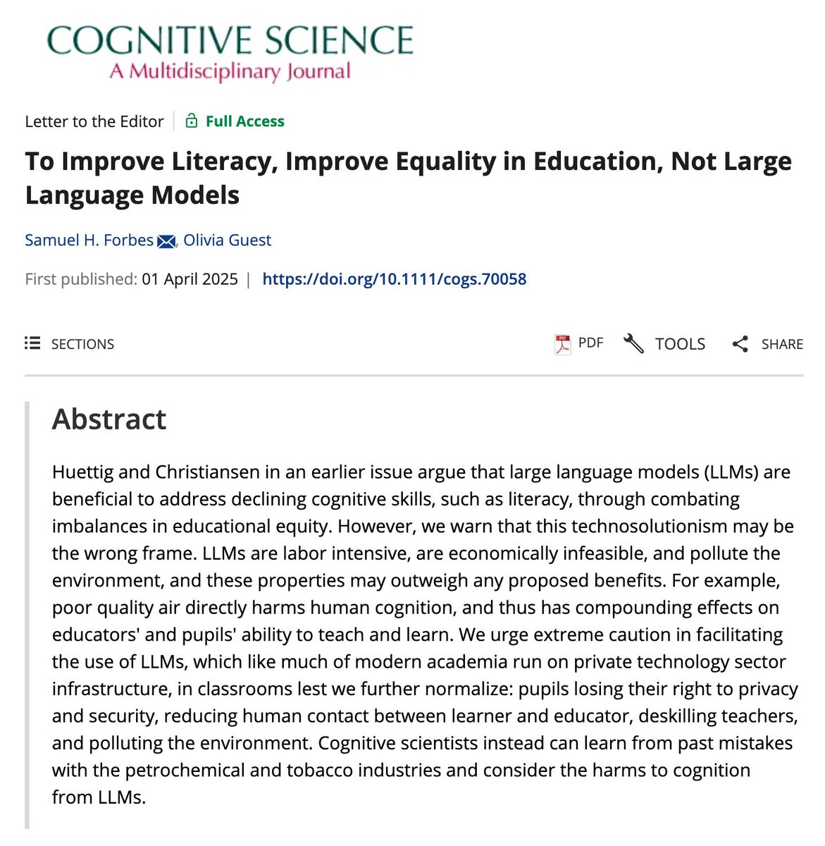 Olivia Guest · Ολίβια Γκεστ (@o_guest) on Twitter photo Out last week in <a href="/cogsci_soc/">CogSci Society</a>!
<a href="/samhforbes/">Sam Forbes</a> and I ”urge extreme caution in the use of LLMs in classrooms lest we further normalize: pupils losing their privacy, reducing contact between learner and educator, deskilling teachers & polluting the environment”‼️
PDF/DOI links below. Out last week in <a href="/cogsci_soc/">CogSci Society</a>!
<a href="/samhforbes/">Sam Forbes</a> and I ”urge extreme caution in the use of LLMs in classrooms lest we further normalize: pupils losing their privacy, reducing contact between learner and educator, deskilling teachers & polluting the environment”‼️
PDF/DOI links below.