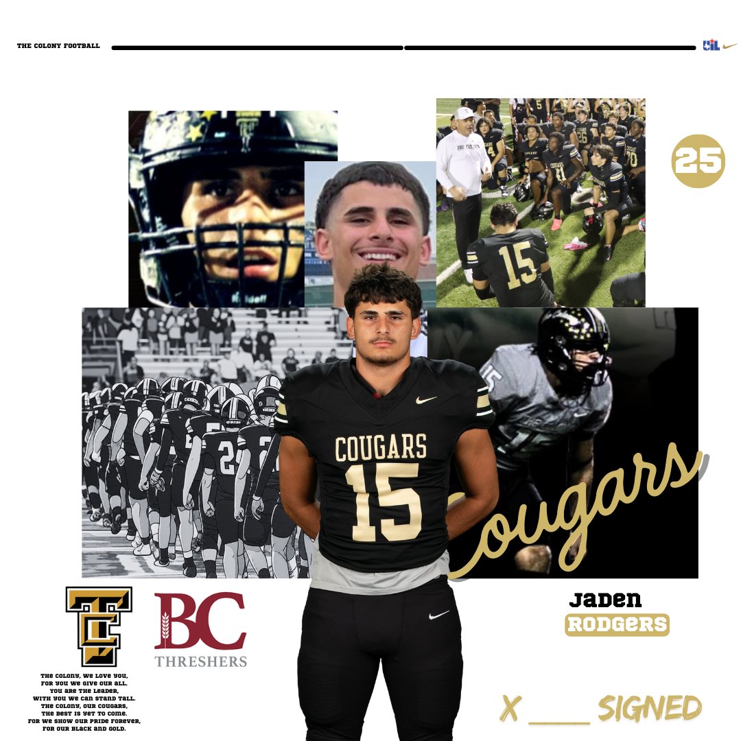 "Today we proudly celebrate <a href="/JadenRodgers155/">Jaden Rodgers</a>  as he officially commits to <a href="/Threshers_FB/">Bethel College FB</a> . Thank you for all the memories—wishing you nothing but success on this exciting new journey!" <a href="/rudy_rangel41/">Rudy Rangel</a> <a href="/TCougarfootball/">TCHS Cougar Football</a> <a href="/Bgrady21/">Coach Grady</a>