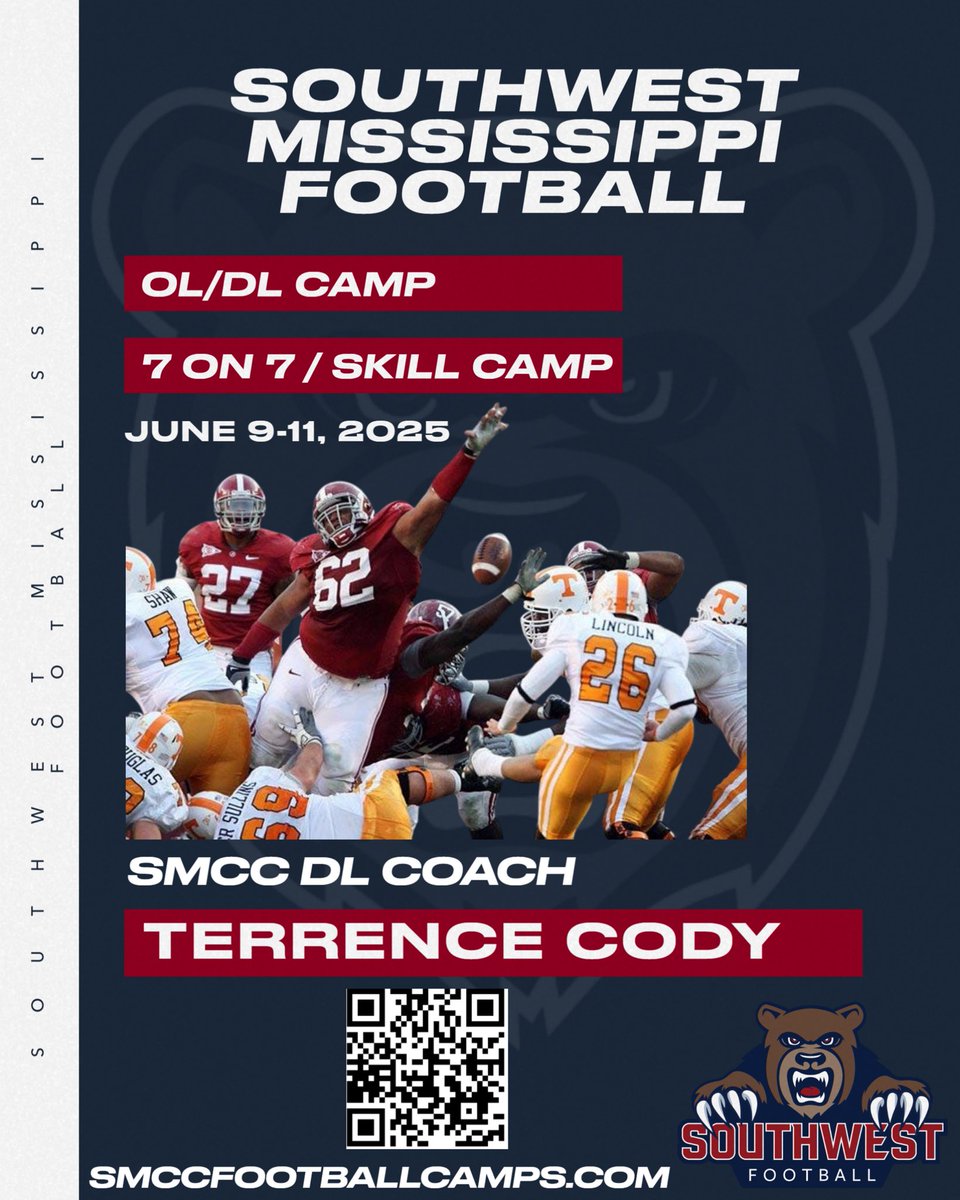Of course our DL Coach <a href="/TerrenceCody/">TC</a> will be in attendance‼️

🏆 2007 NJCAA National Champion 
🏆 2010 BCS National Champion
🏆 Super Bowl XLVII Champion 

📍 1156 College Drive, 
       Summit, MS 39666

📅 June 9th - 11th, 2025

REGISTER NOW: Smccfootballcamps.com ‼️‼️‼️