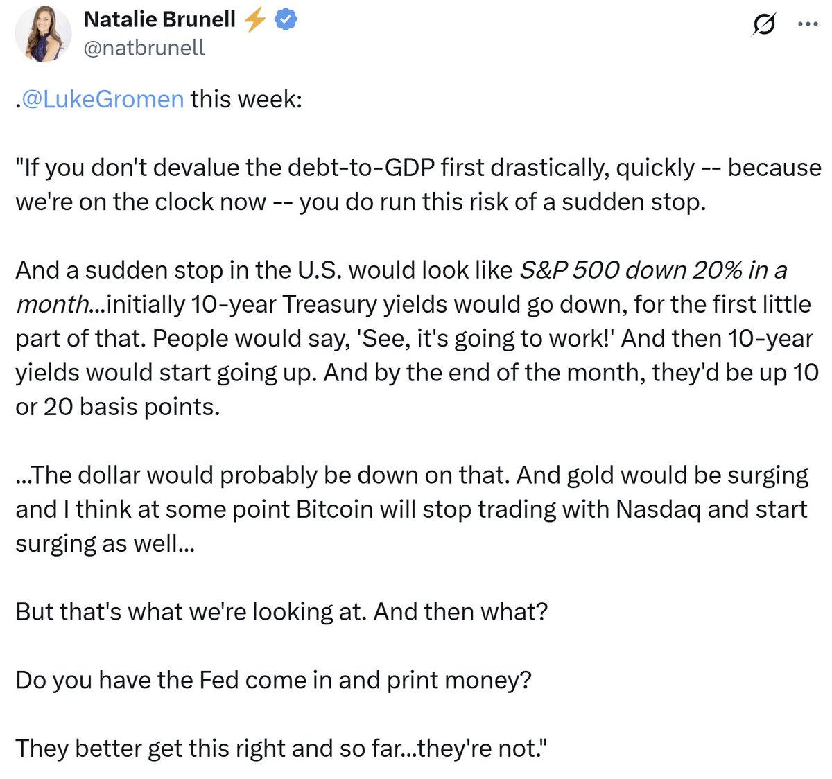 LukeGromen's tweet image. With DXY down, 10y UST yields up, stocks down, gold surging again, wanted to re-highlight this interview with @natbrunell from a week ago Monday (March 31, two days before Trump's tariff announcement), in which we said the following: