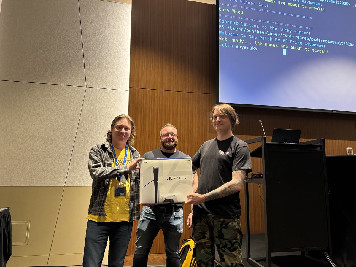 PatchMyPC's tweet photo. What a week at #PSHSummit! Huge thanks to the organizers and everyone who stopped by the #PatchMyPC booth. Lots of great convos, #PowerShell nerdery, and one lucky winner walking away with a PS5 ๐ Safe travels home, team! #DevOps #ITCommunity #PatchMyPCTeam https://t.co/hInHJhu555