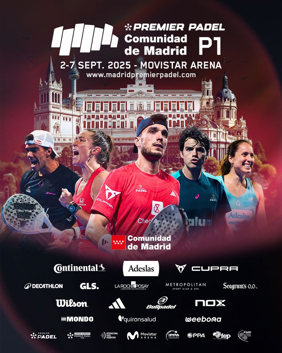 ¡Volvemos a la 𝗖𝗔𝗣𝗜𝗧𝗔𝗟 𝗠𝗨𝗡𝗗𝗜𝗔𝗟 del pádel! ❤️

🥎 #ComunidaddeMadridPremierPadelP1
📅 2-7 de septiembre de 2025
🏟️ @movistararenaes 

Compra tu entrada: tickets.oneboxtds.com/madridpremierp…

#PremierPadel #PadelFIP #MadridPremierPadel