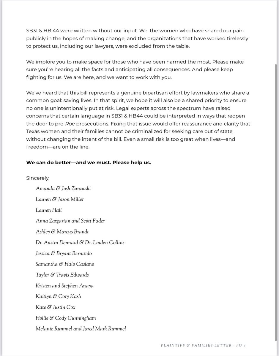 taygoldenstein's tweet photo. Plaintiffs from Zurawski case + families in letter to TX lawmakers express concern over #HB44/#SB31, bills seeking to clarify abortion ban emergency exception.
Asks lawmakers to “fix” them so they do not resurrect an 1857 law that criminalizes abortion + helping someone get one. https://t.co/TNI0maokqG