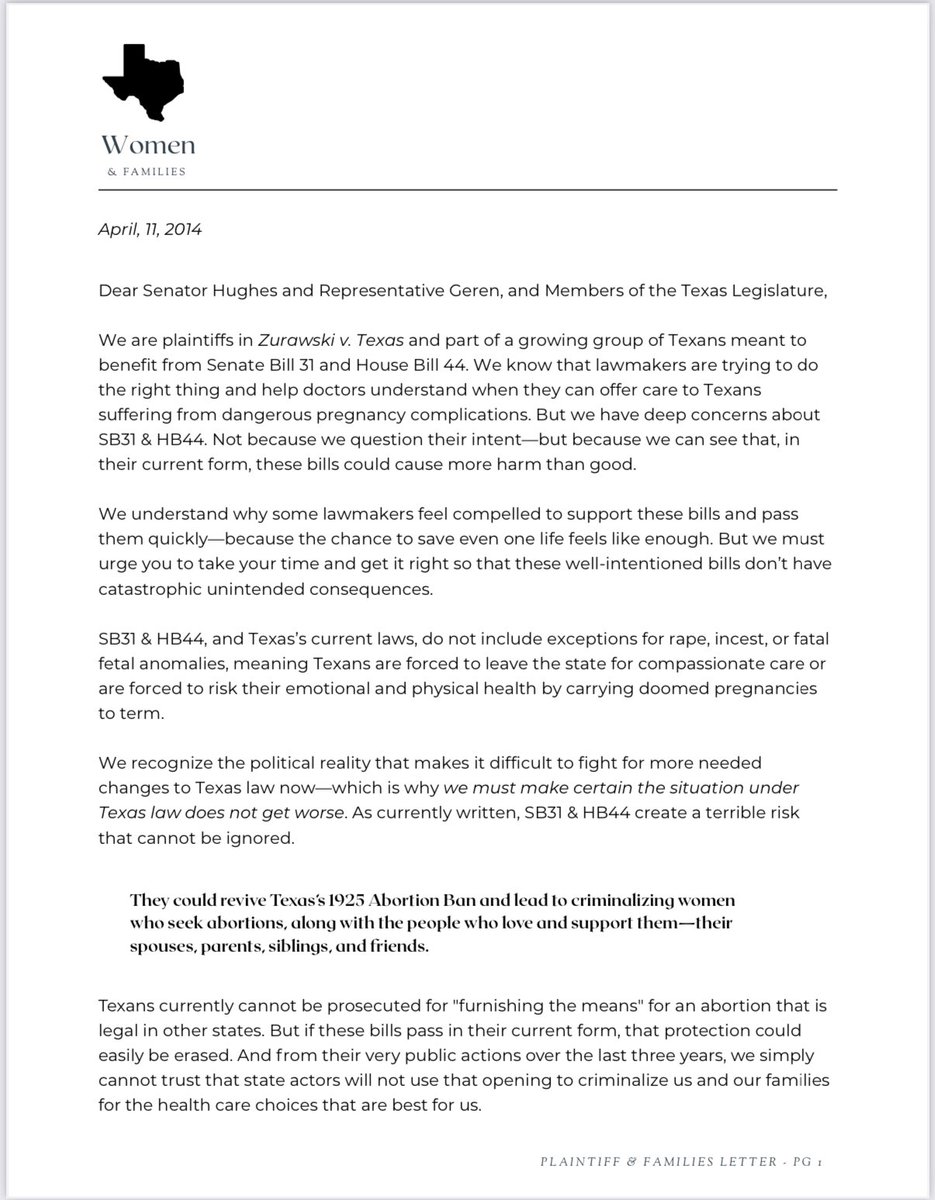 taygoldenstein's tweet photo. Plaintiffs from Zurawski case + families in letter to TX lawmakers express concern over #HB44/#SB31, bills seeking to clarify abortion ban emergency exception.
Asks lawmakers to “fix” them so they do not resurrect an 1857 law that criminalizes abortion + helping someone get one. https://t.co/TNI0maokqG